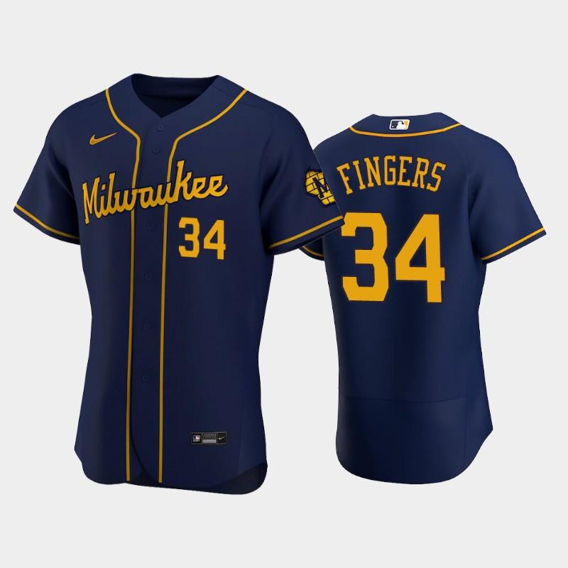 Milwaukee Brewers 34 Rollie Fingers Alternate Team Navy Jersey