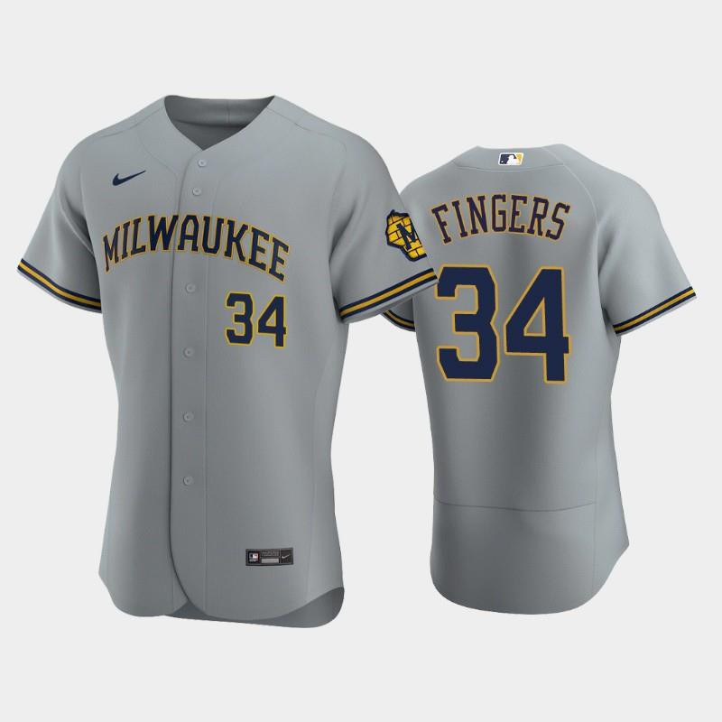 Milwaukee Brewers 34 Rollie Fingers Road Team Gray Jersey