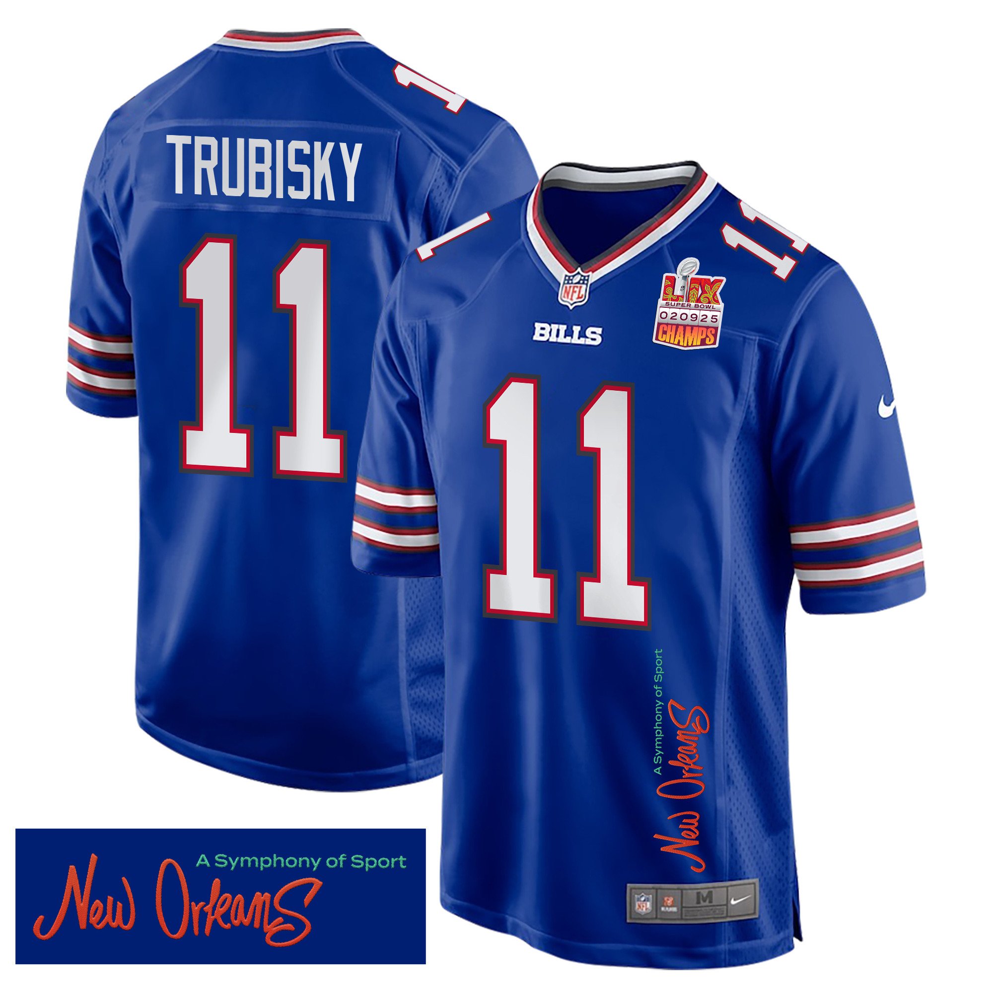 Mitchell Trubisky 11 Buffalo Bills Super Bowl Lix Champions Patch 'new Orleans - A Symphony Of Sport' Embroidered Game Men Jersey - Royal Js4057