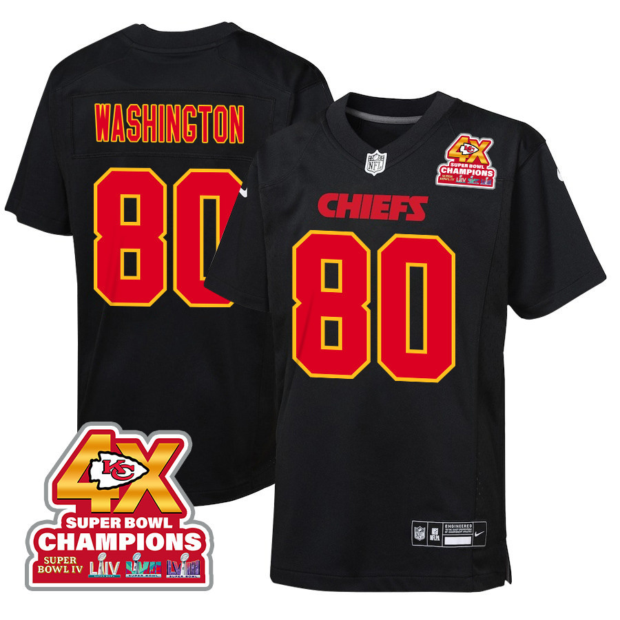 Montrell Washington 80 Kansas City Chiefs Super Bowl Lviii Champions 4x Fashion Game Youth Jersey - Carbon Black Js6854