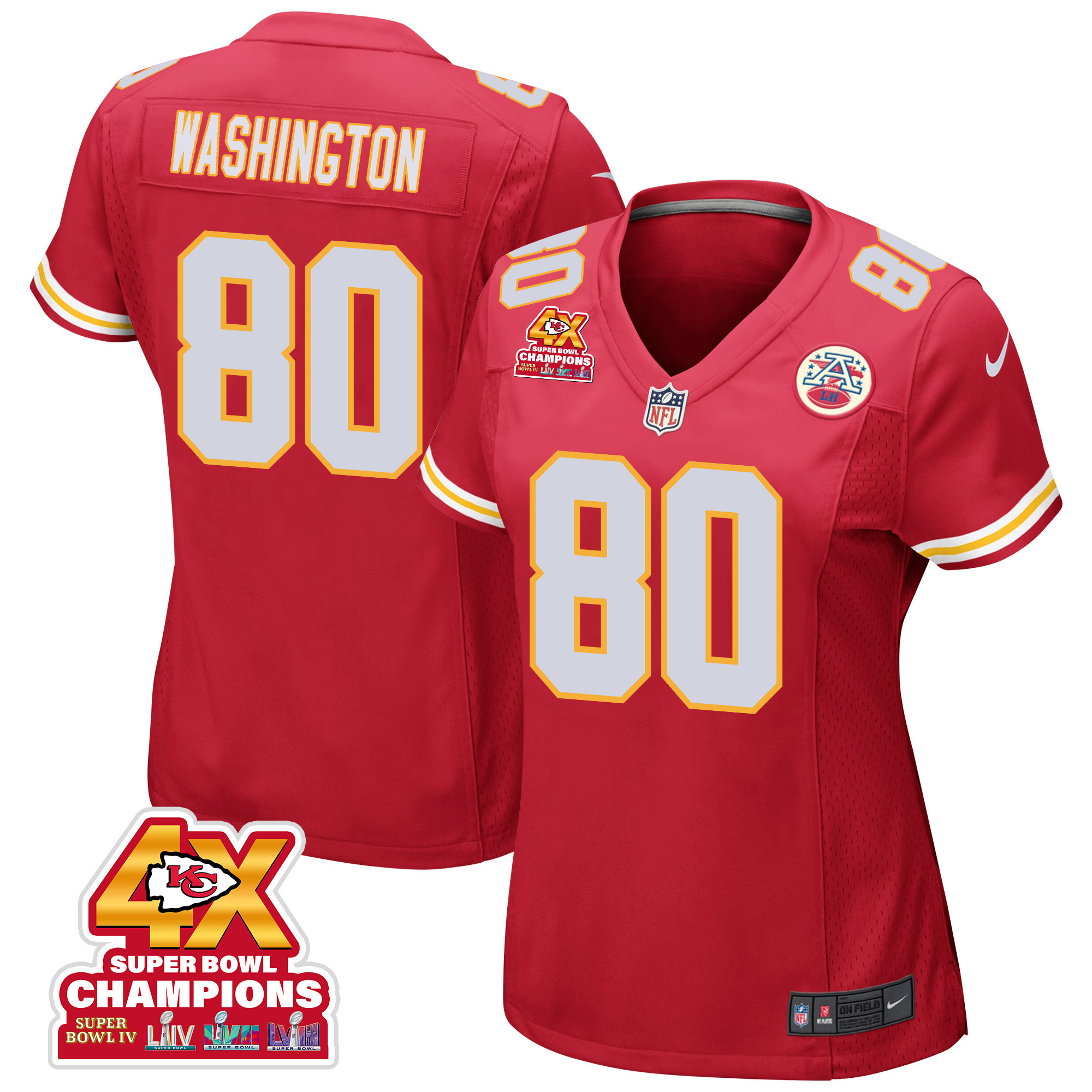 Montrell Washington 80 Kansas City Chiefs Super Bowl Lviii Champions 4x Game Women Jersey - Red Js7236