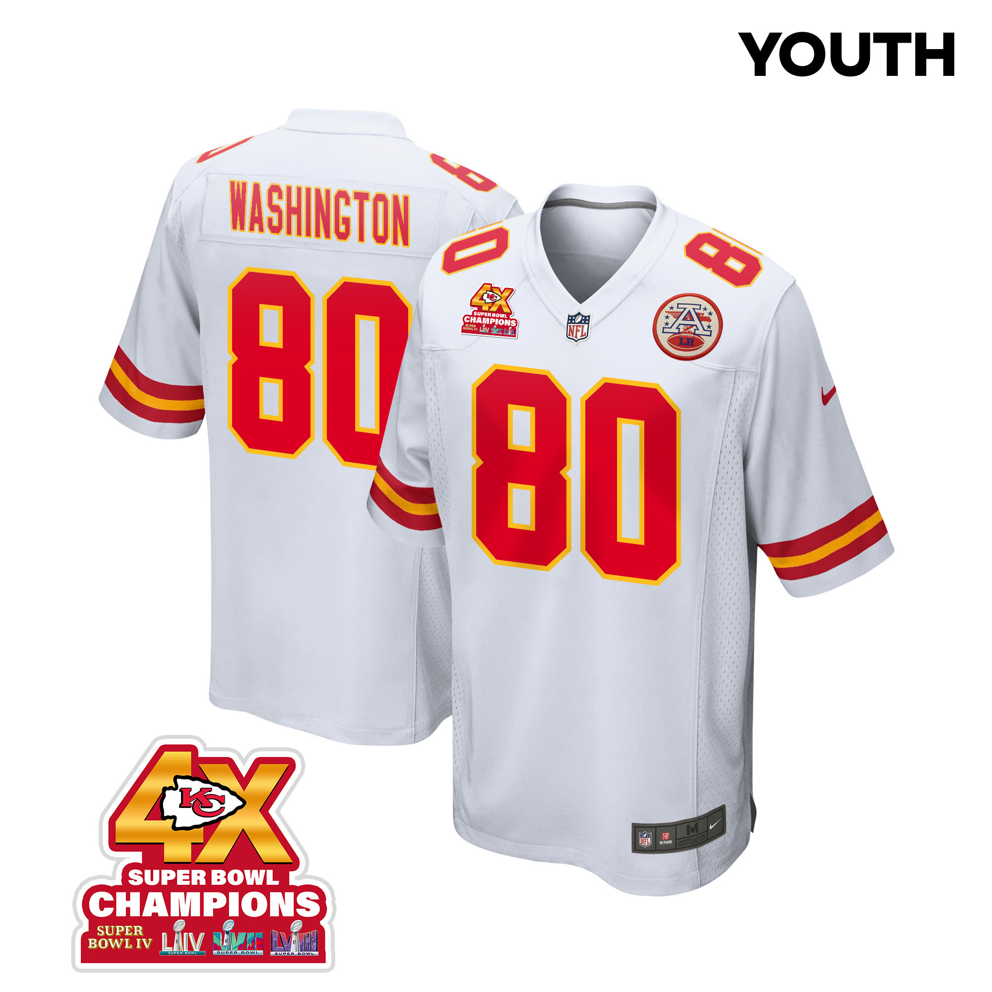 Montrell Washington 80 Kansas City Chiefs Super Bowl Lviii Champions 4x Game Youth Jersey - White Js4531