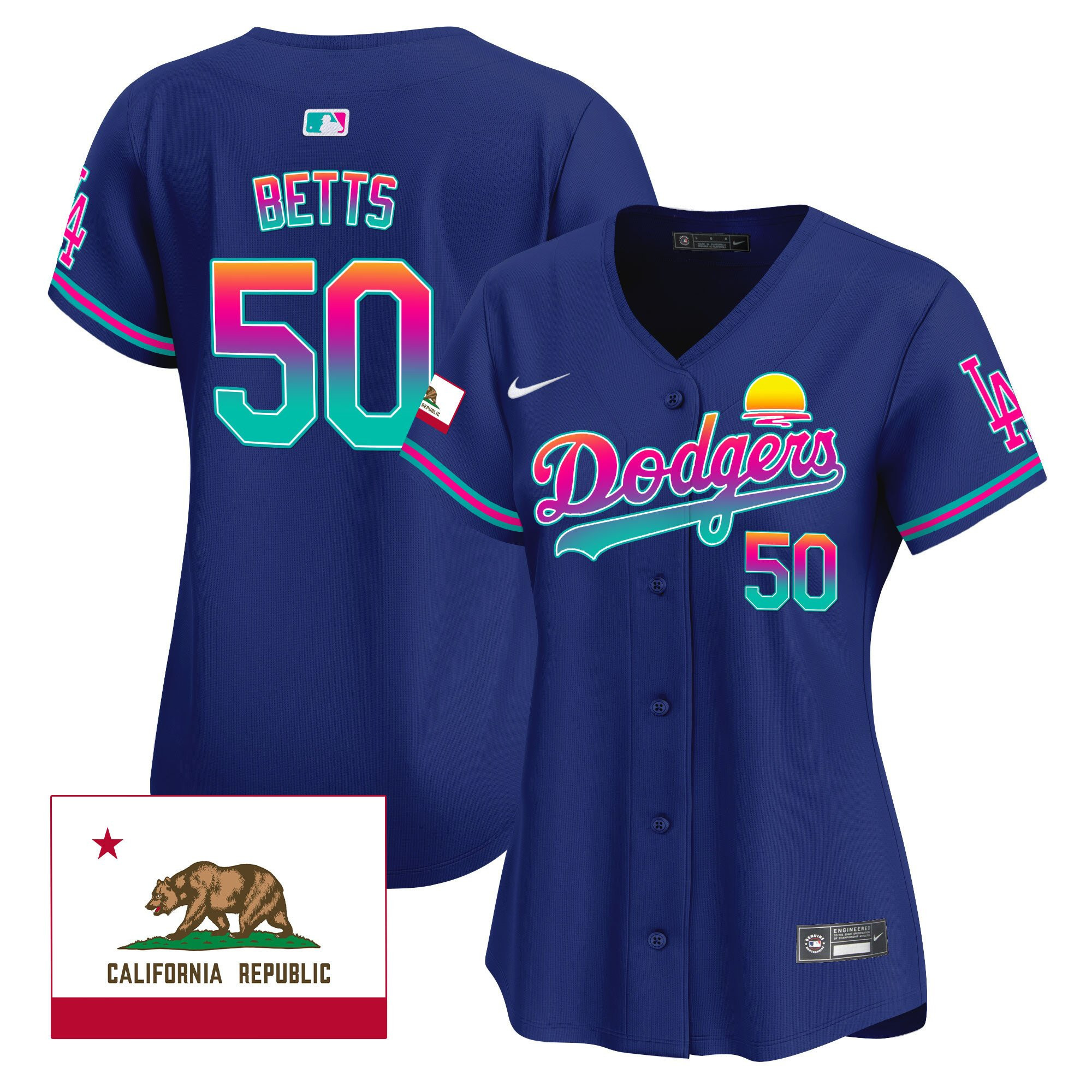 Mookie Betts 50 Los Angeles Dodgers 2024 Los Angeles City Style California Republic Patch Women Jersey - Royal