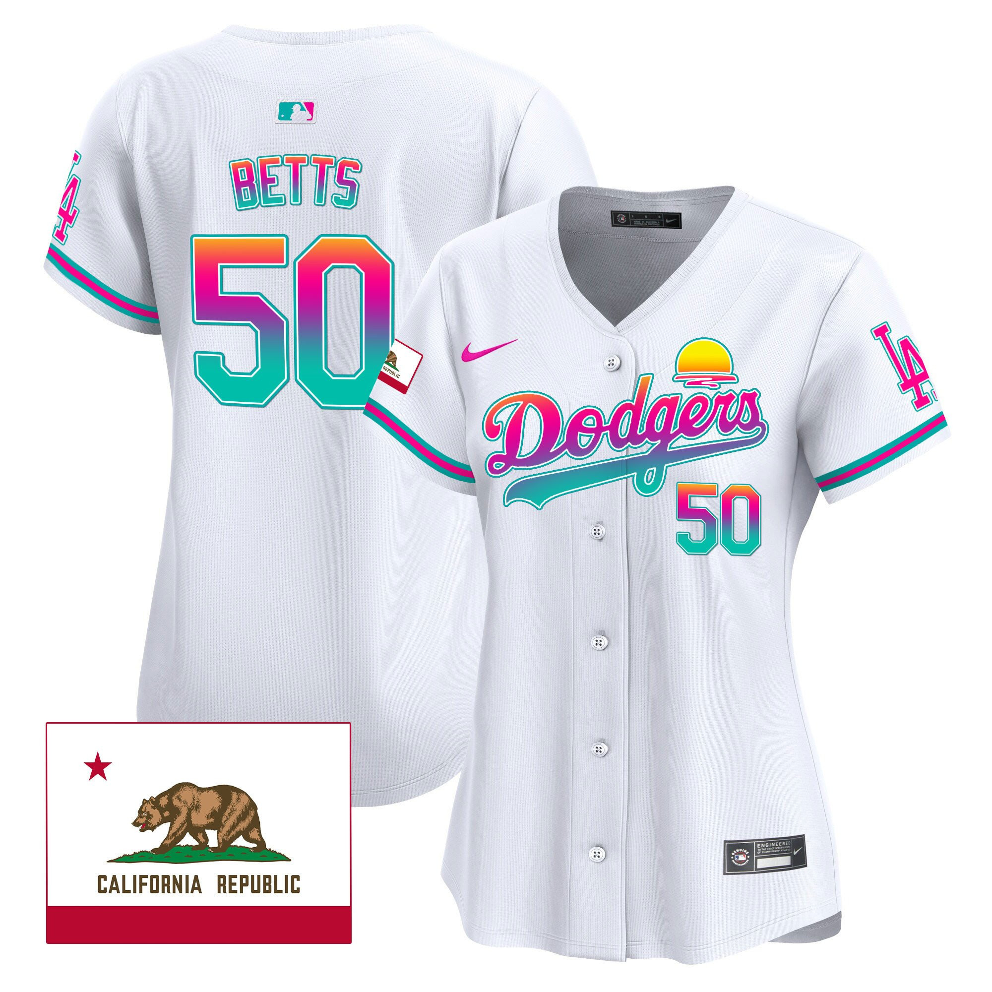 Mookie Betts 50 Los Angeles Dodgers 2024 Los Angeles City Style California Republic Patch Women Jersey - White
