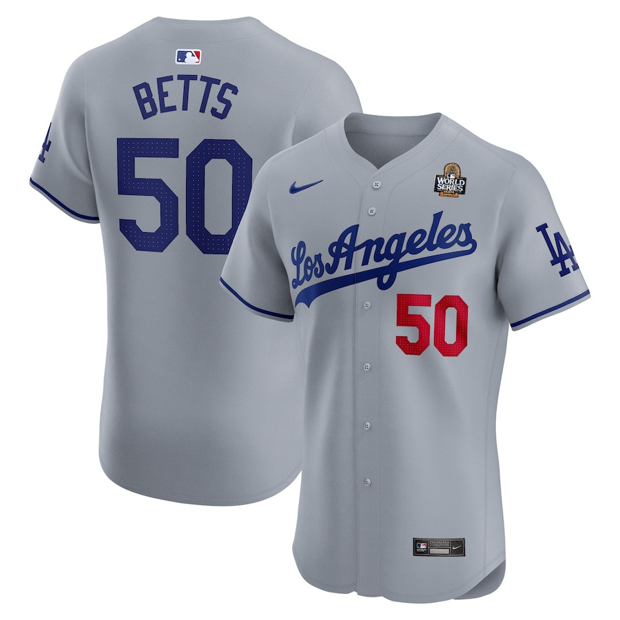 Mookie Betts 50 Los Angeles Dodgers 2024 World Series Road Elite Player Men Jersey - Gray