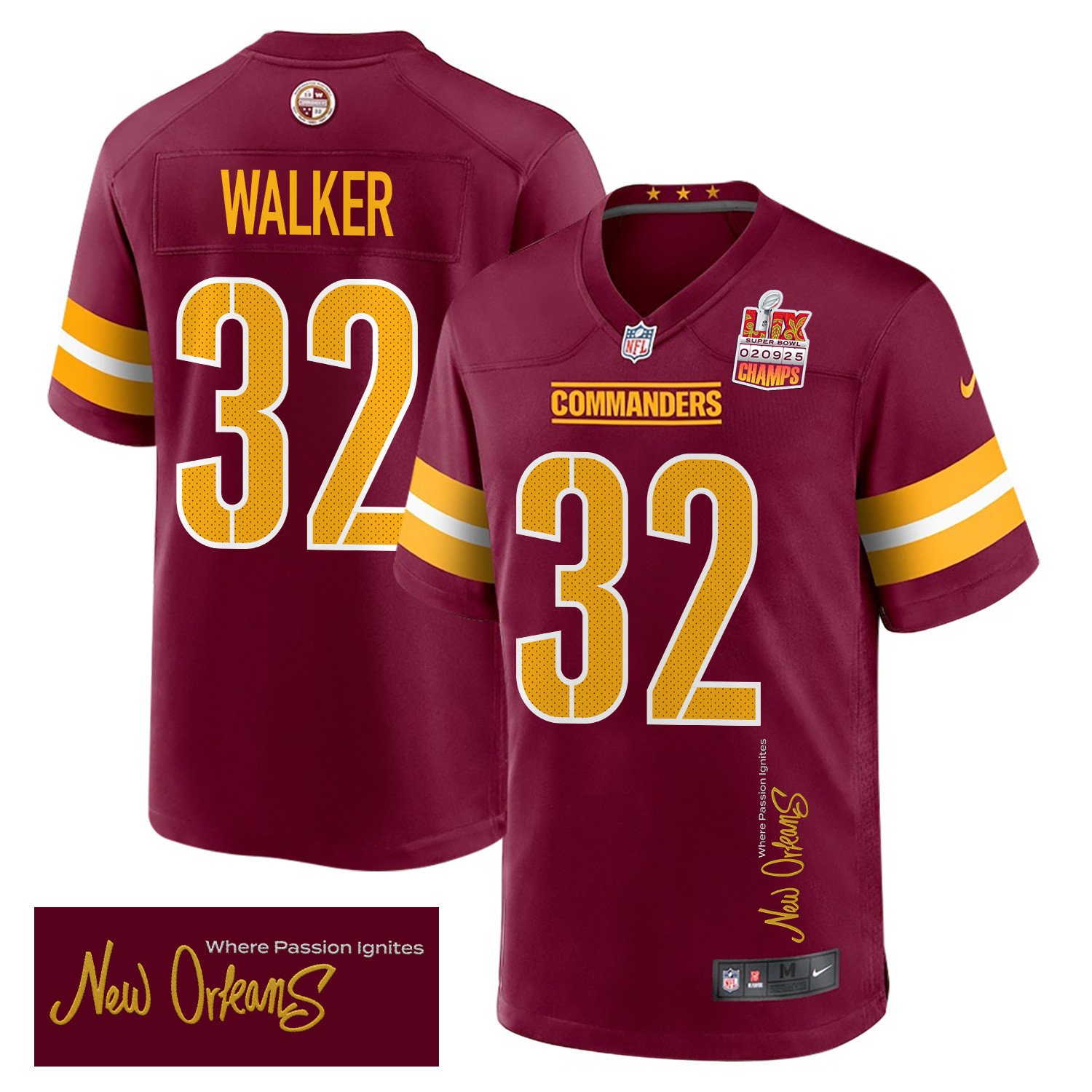 Mykal Walker 32 Washington Commanders Super Bowl Lix Champions Patch 'new Orleans - Where Passion Ignites' Embroidered Game Men Jersey - Burgundy Js8591