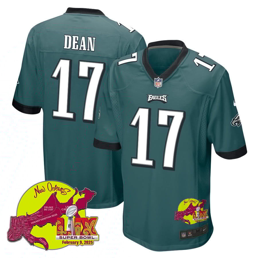 Nakobe Dean 17 Philadelphia Eagles Super Bowl Lix New Orleans Patch Game Men Jersey - Midnight Green Js6679