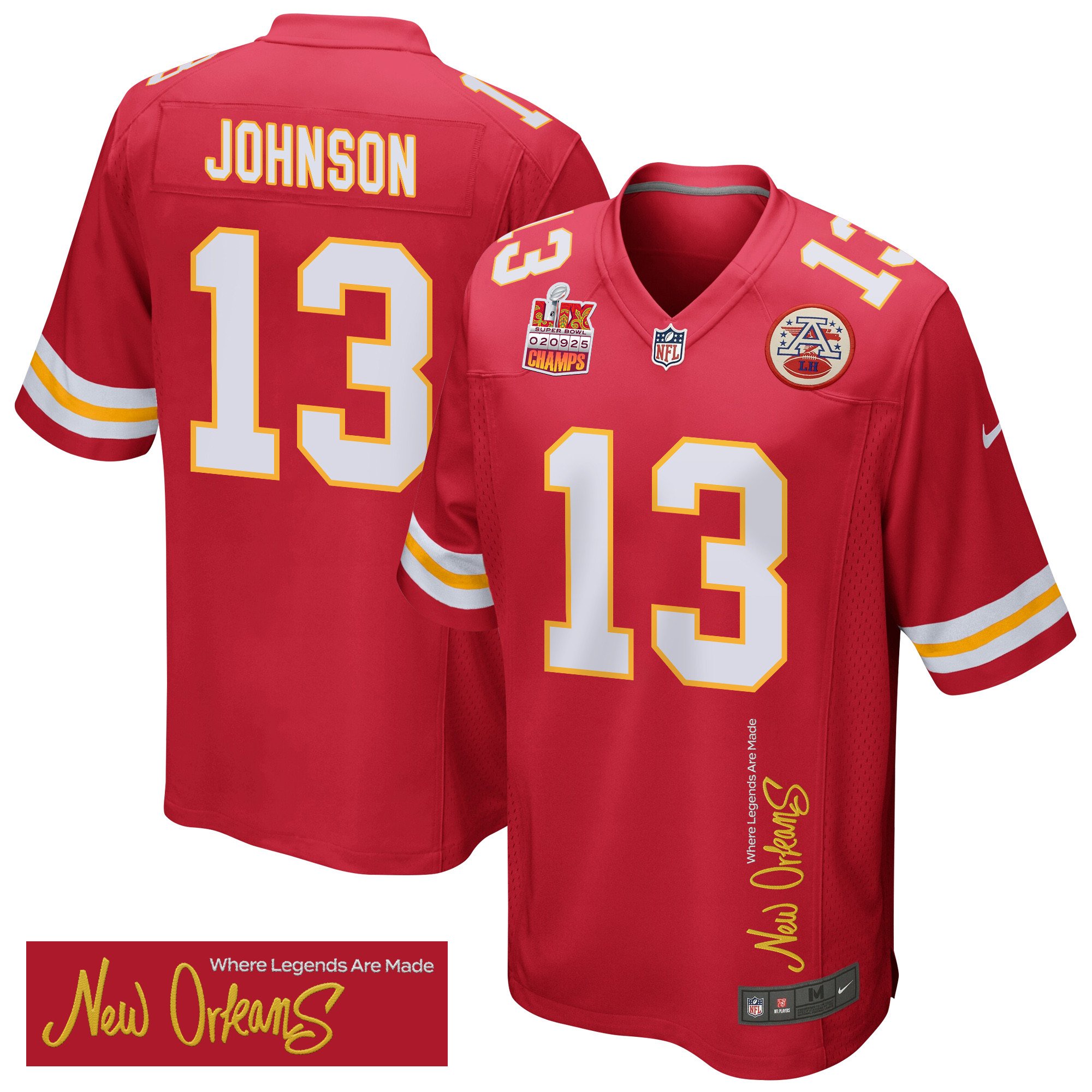 Nazeeh Johnson 13 Kansas City Chiefs Super Bowl Lix Champions Patch 'new Orleans - Where Legends Are Made' Embroidered Game Men Jersey - Red Js8648