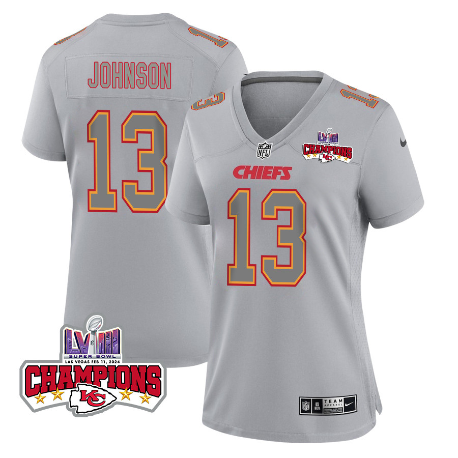 Nazeeh Johnson 13 Kansas City Chiefs Super Bowl Lviii Champions 4 Stars Patch Atmosphere Fashion Game Women Jersey - Gray Js2743