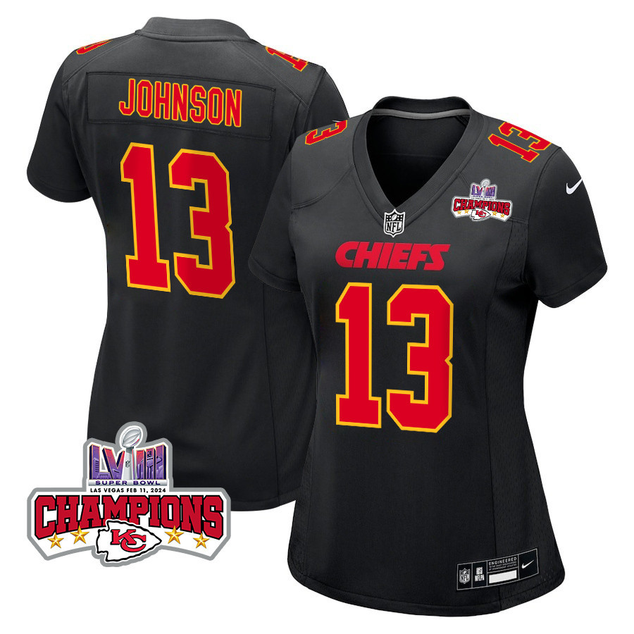 Nazeeh Johnson 13 Kansas City Chiefs Super Bowl Lviii Champions 4 Stars Patch Fashion Game Women Jersey - Carbon Black Js3019