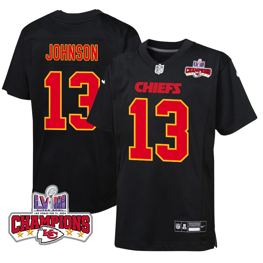 Nazeeh Johnson 13 Kansas City Chiefs Super Bowl Lviii Champions 4 Stars Patch Fashion Game Youth Jersey - Carbon Black Js7878