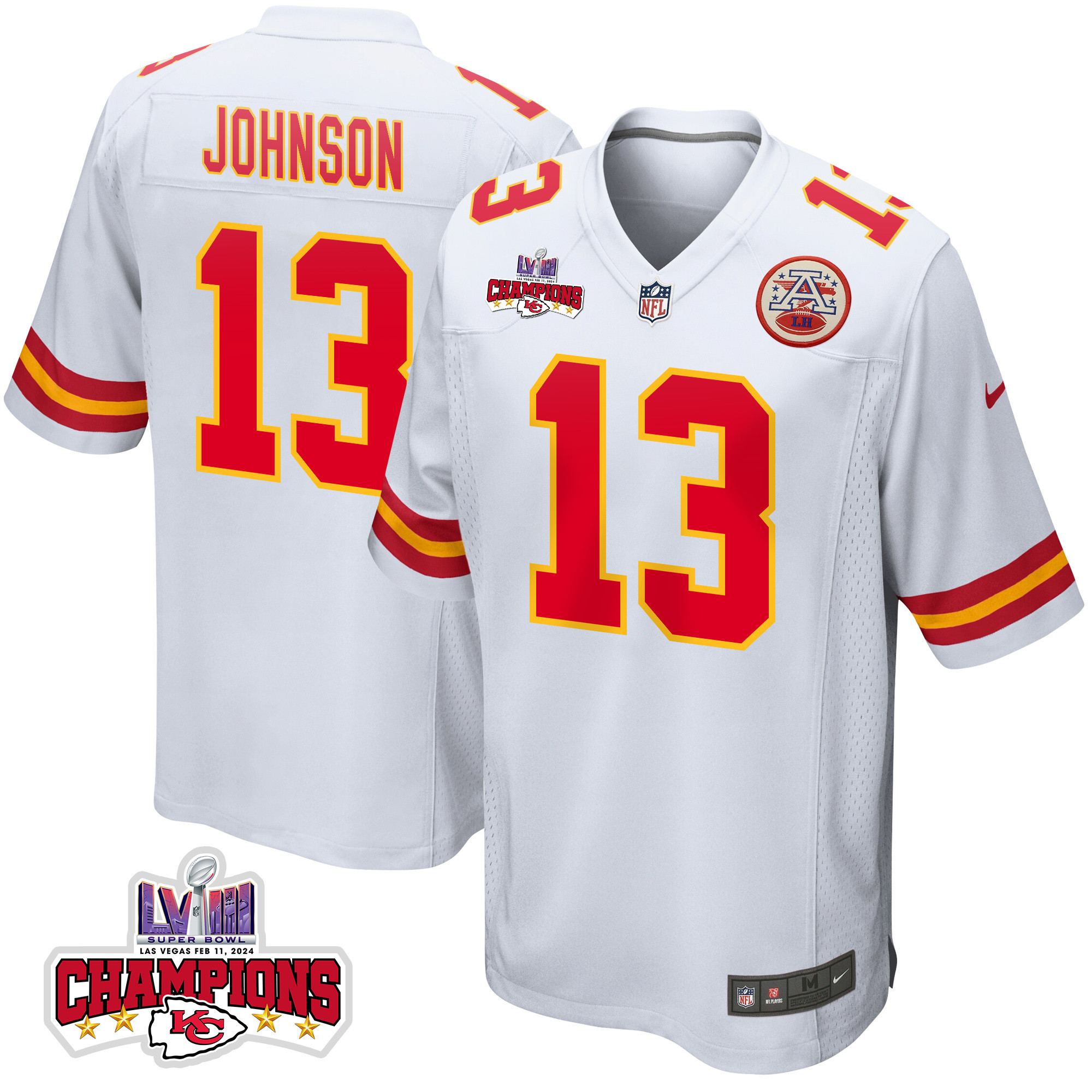 Nazeeh Johnson 13 Kansas City Chiefs Super Bowl Lviii Champions 4 Stars Patch Game Men Jersey - White Js7865