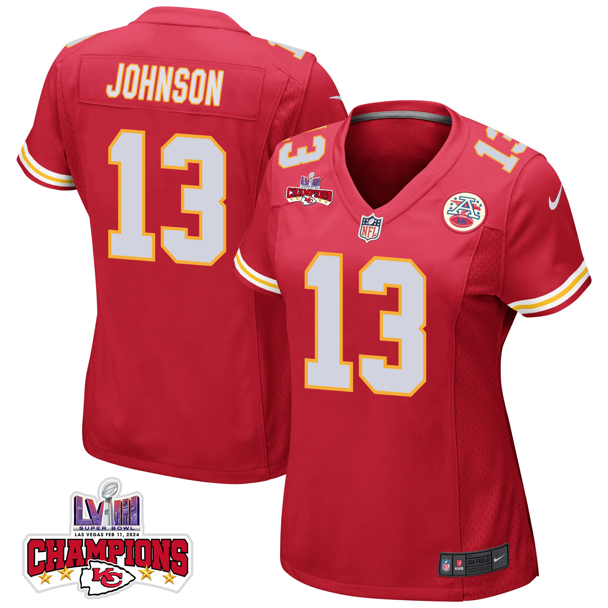 Nazeeh Johnson 13 Kansas City Chiefs Super Bowl Lviii Champions 4 Stars Patch Game Women Jersey - Red Js5980