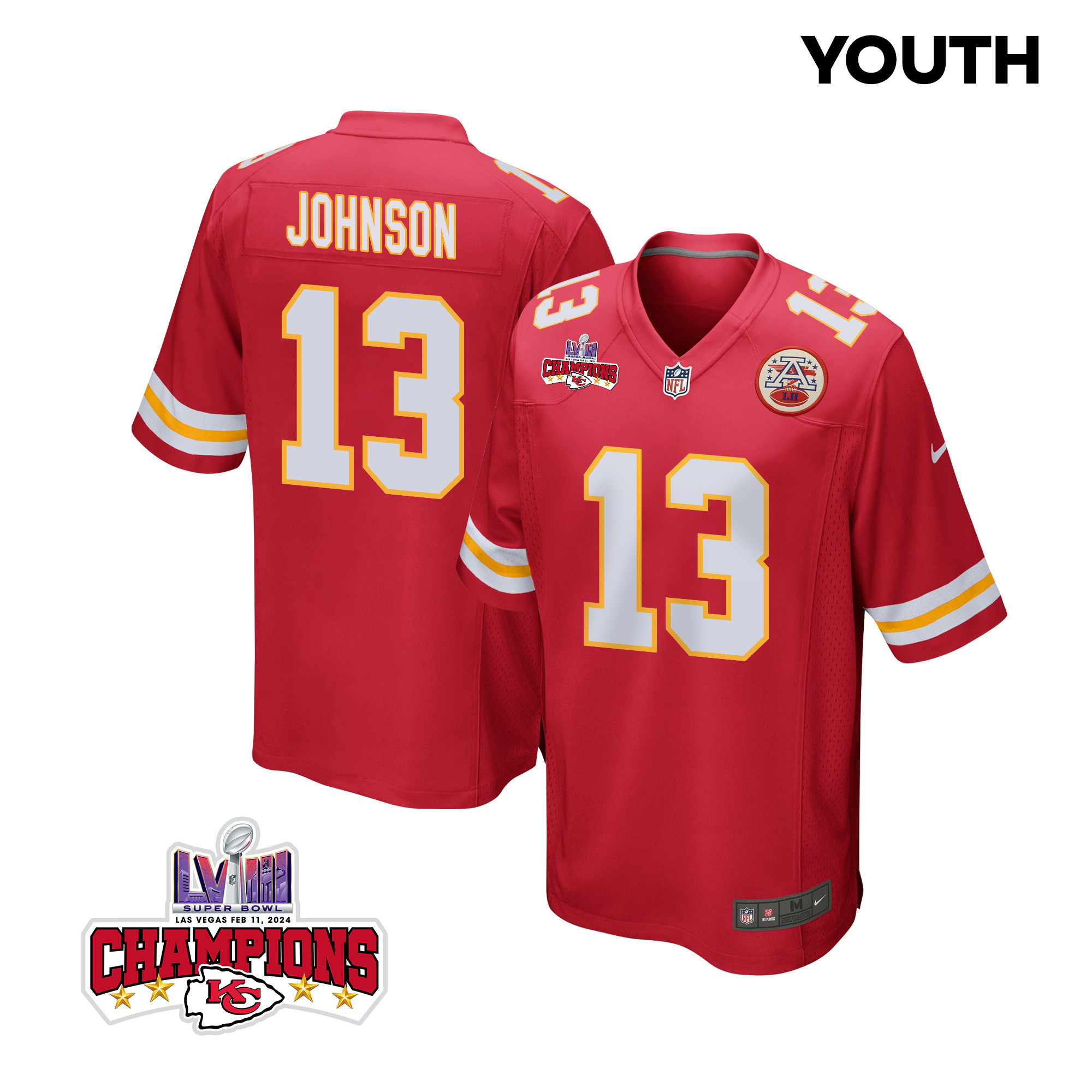 Nazeeh Johnson 13 Kansas City Chiefs Super Bowl Lviii Champions 4 Stars Patch Game Youth Jersey - Red Js8397