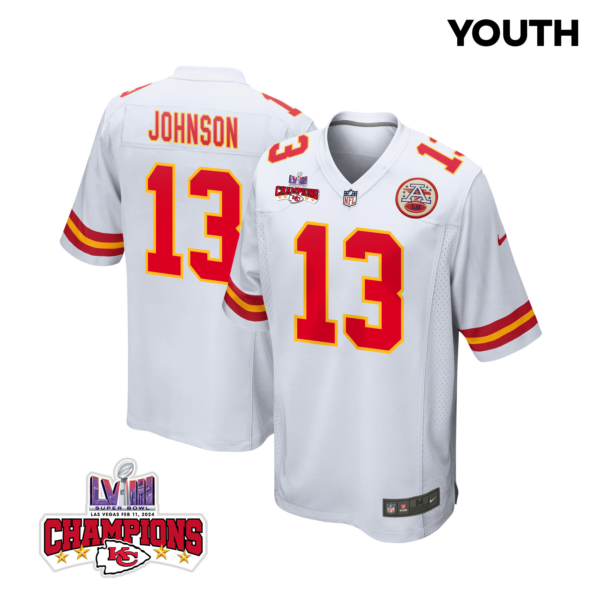 Nazeeh Johnson 13 Kansas City Chiefs Super Bowl Lviii Champions 4 Stars Patch Game Youth Jersey - White Js3815