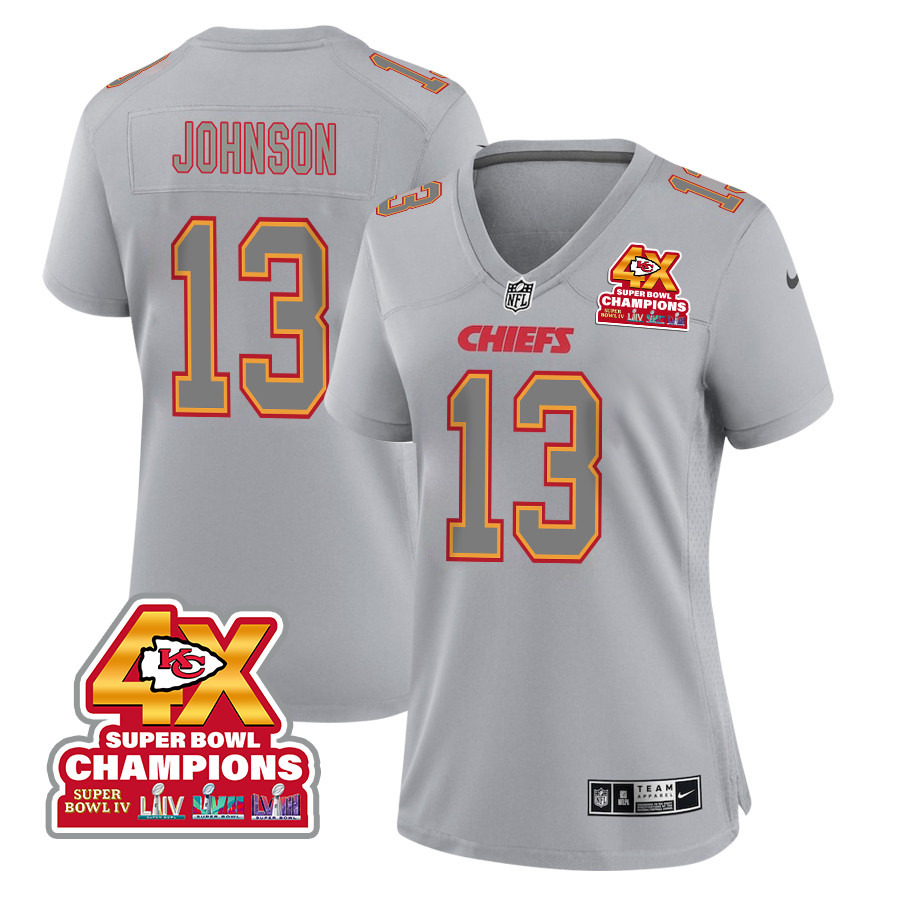 Nazeeh Johnson 13 Kansas City Chiefs Super Bowl Lviii Champions 4x Atmosphere Fashion Game Women Jersey - Gray Js2010