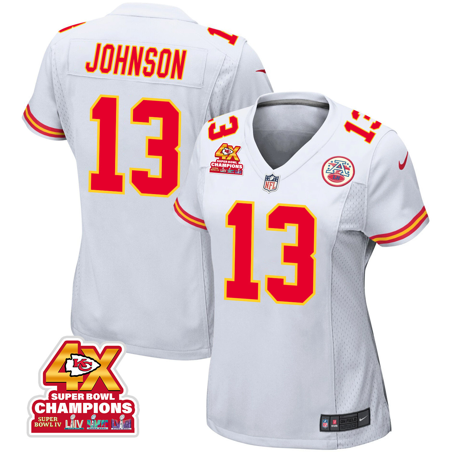 Nazeeh Johnson 13 Kansas City Chiefs Super Bowl Lviii Champions 4x Game Women Jersey - White Js2570