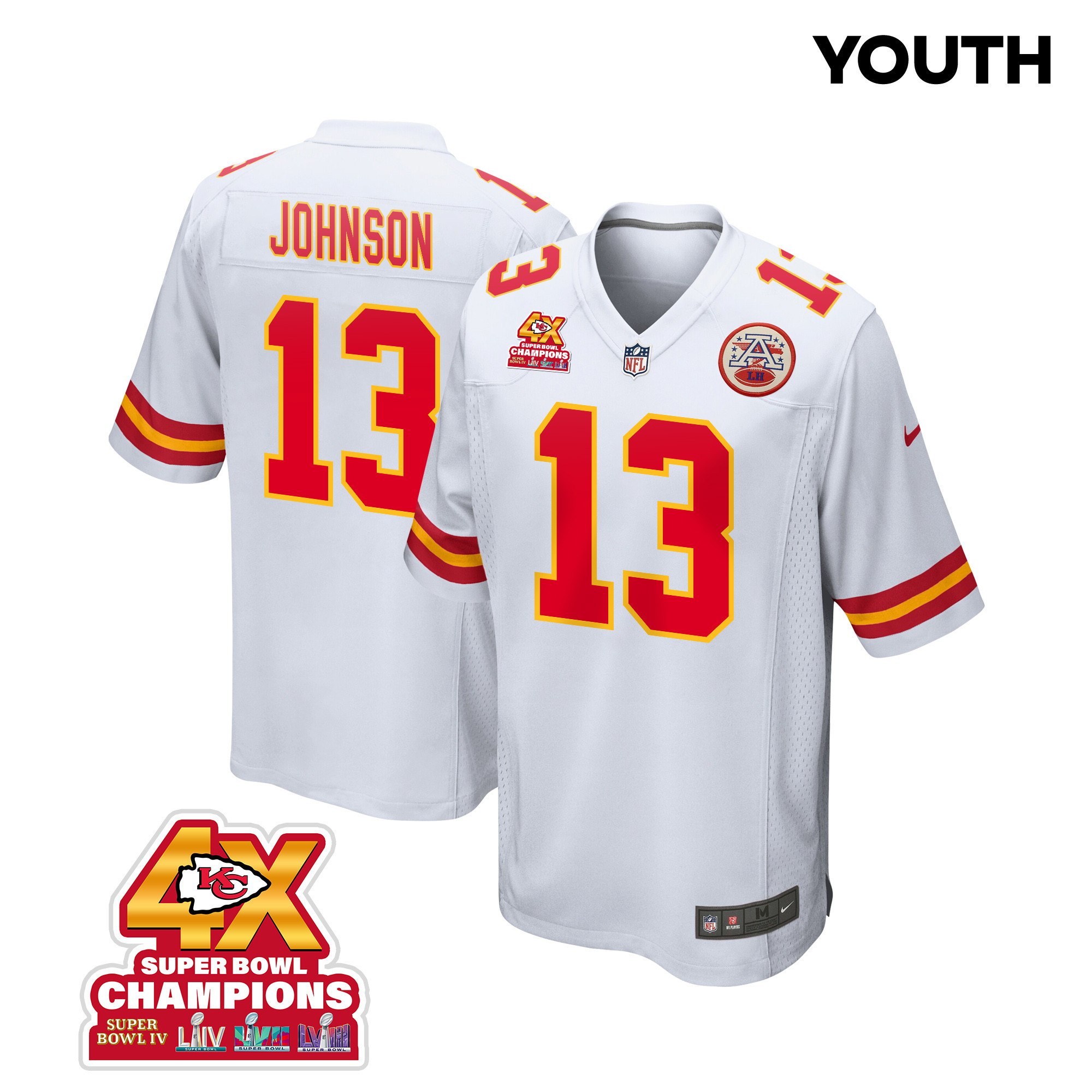 Nazeeh Johnson 13 Kansas City Chiefs Super Bowl Lviii Champions 4x Game Youth Jersey - White Js7020