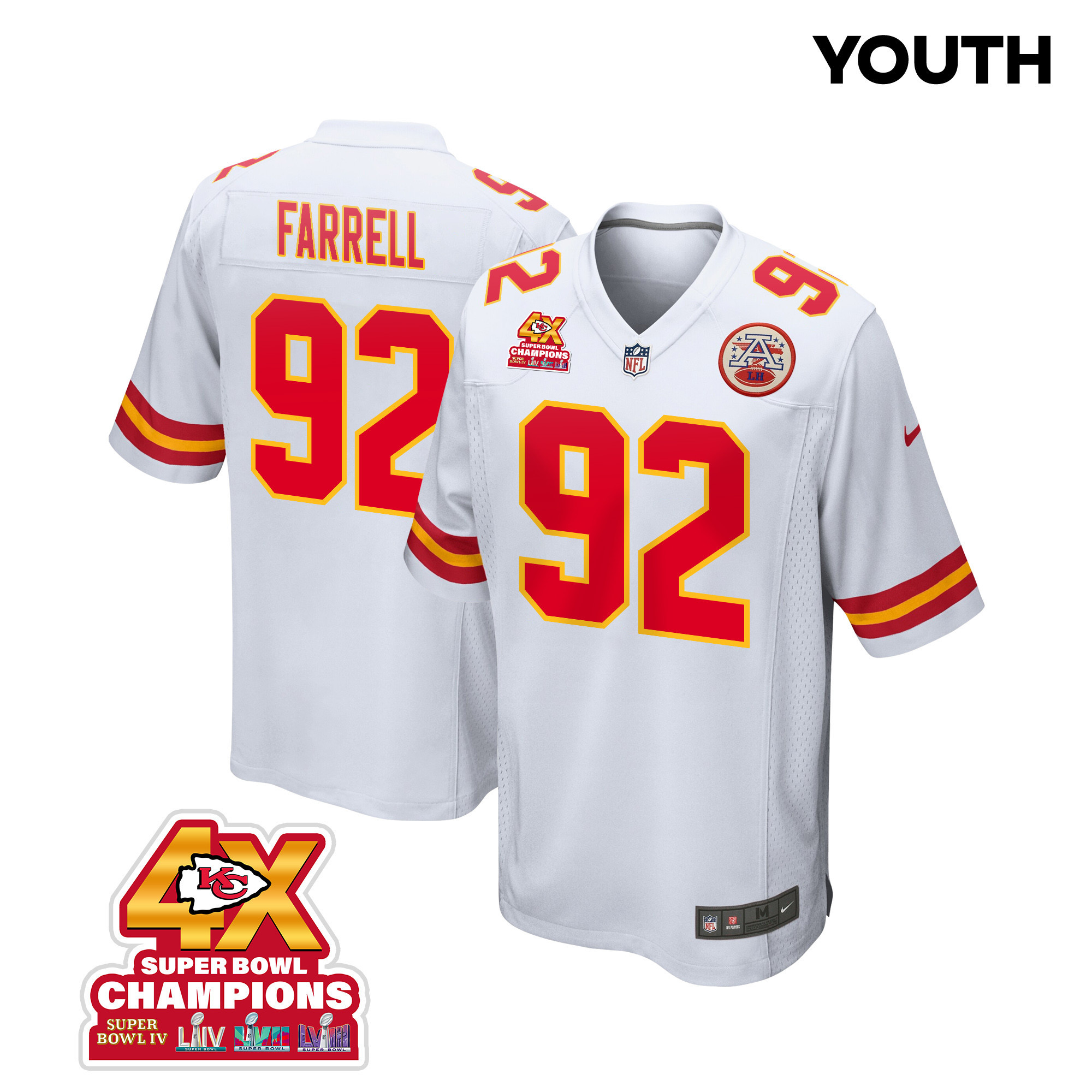Neil Farrell 92 Kansas City Chiefs Super Bowl Lviii Champions 4x Game Youth Jersey - White Js4257