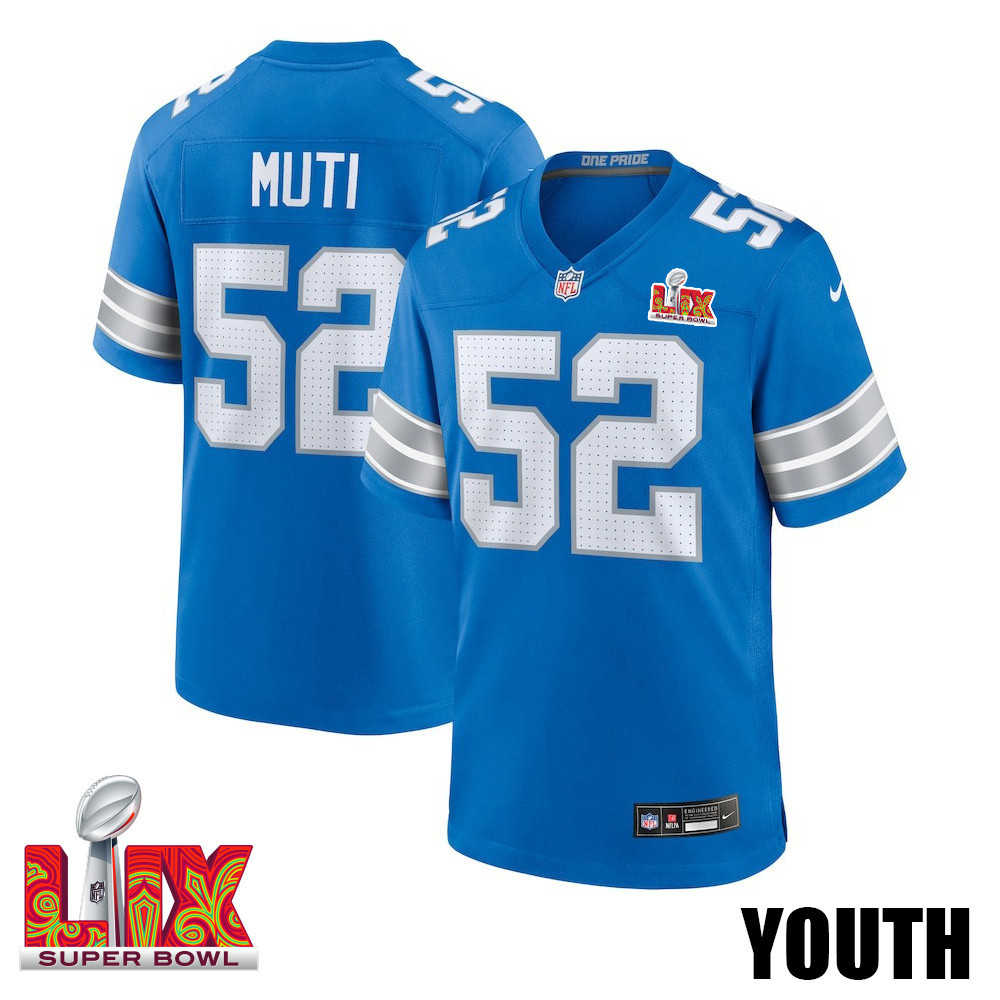 Netane Muti #52 Detroit Lions Super Bowl Lix Youth Jersey - Blue Js5222