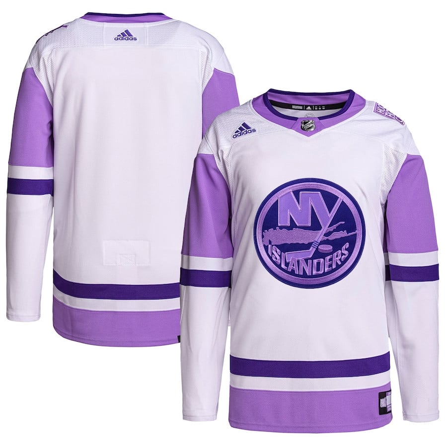 New York Islanders Hockey Fights Cancer Primegreen Men Jersey - White/purple