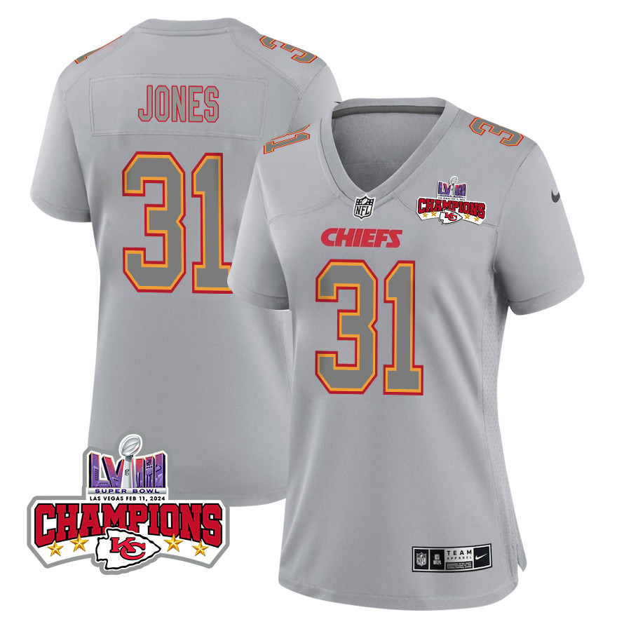 Nic Jones 31 Kansas City Chiefs Super Bowl Lviii Champions 4 Stars Patch Atmosphere Fashion Game Women Jersey - Gray Js9520
