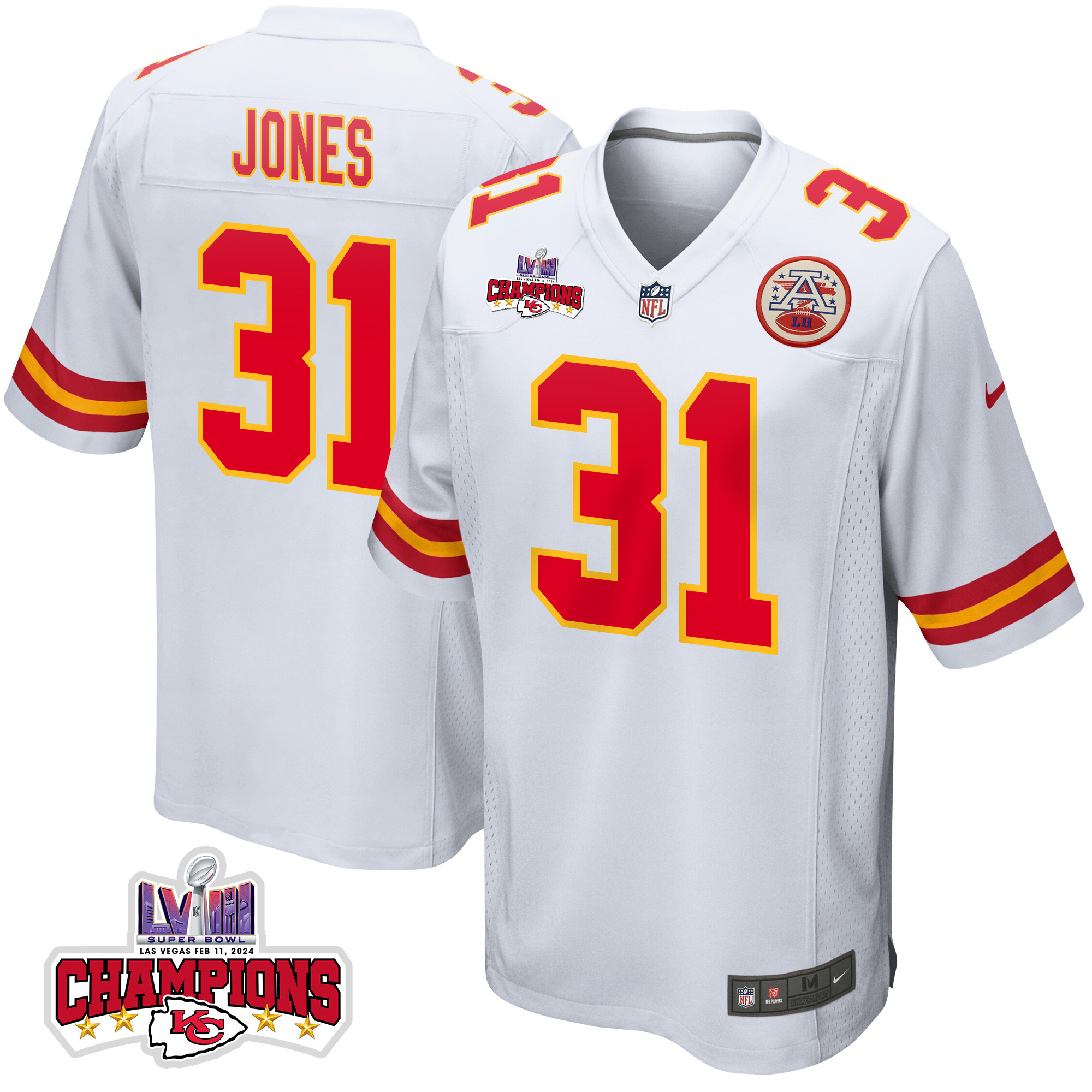 Nic Jones 31 Kansas City Chiefs Super Bowl Lviii Champions 4 Stars Patch Game Men Jersey - White Js6083