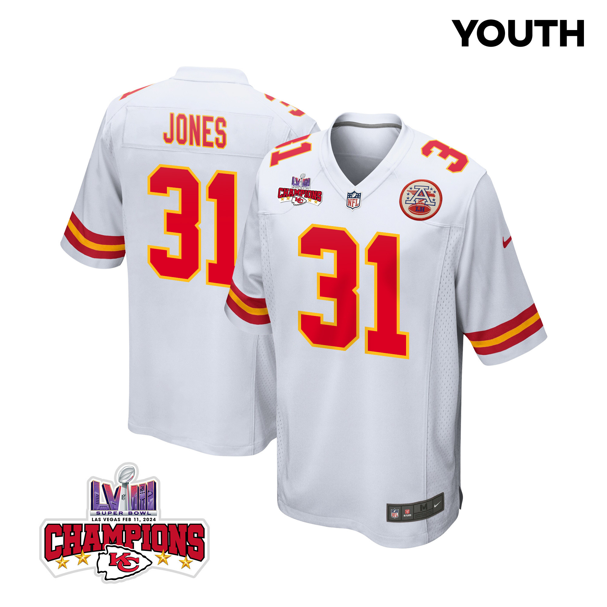 Nic Jones 31 Kansas City Chiefs Super Bowl Lviii Champions 4 Stars Patch Game Youth Jersey - White Js3376