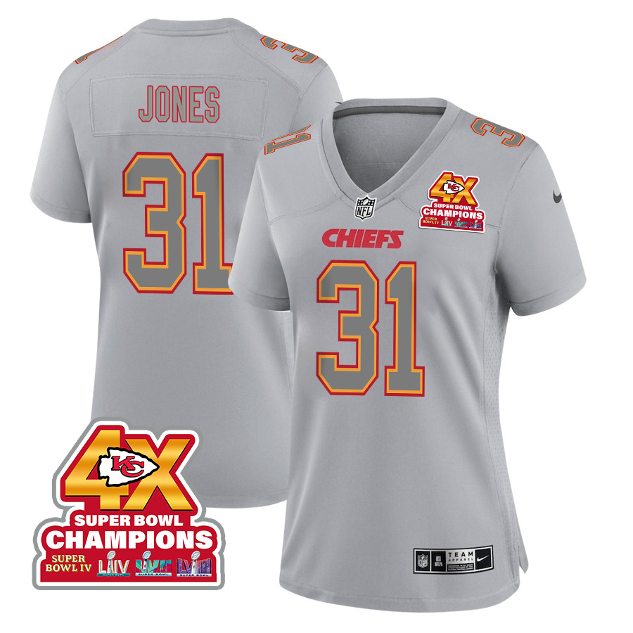 Nic Jones 31 Kansas City Chiefs Super Bowl Lviii Champions 4x Atmosphere Fashion Game Women Jersey - Gray Js4410