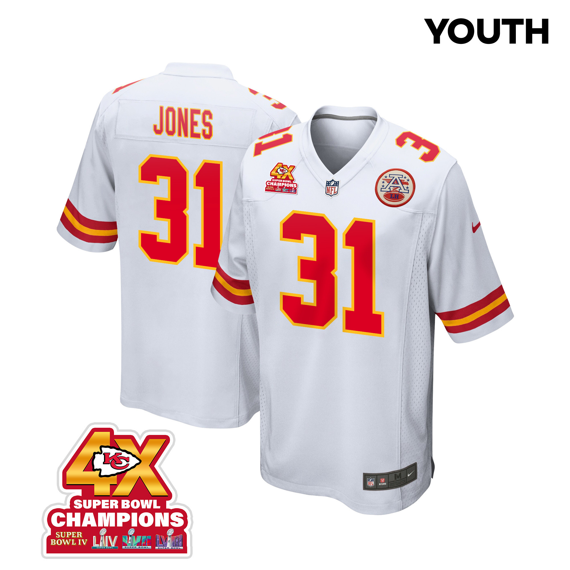 Nic Jones 31 Kansas City Chiefs Super Bowl Lviii Champions 4x Game Youth Jersey - White Js4250