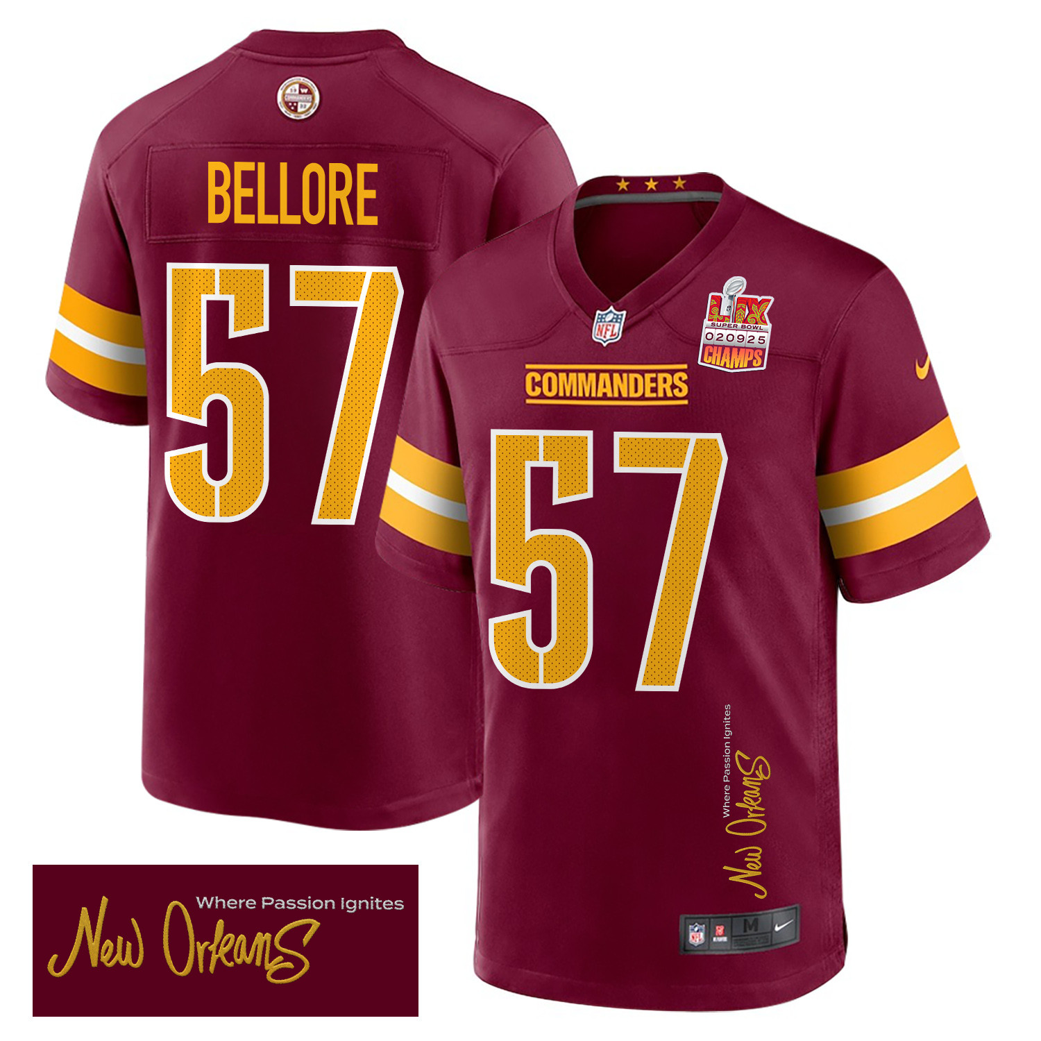 Nick Bellore 57 Washington Commanders Super Bowl Lix Champions Patch 'new Orleans - Where Passion Ignites' Embroidered Game Men Jersey - Burgundy Js6438