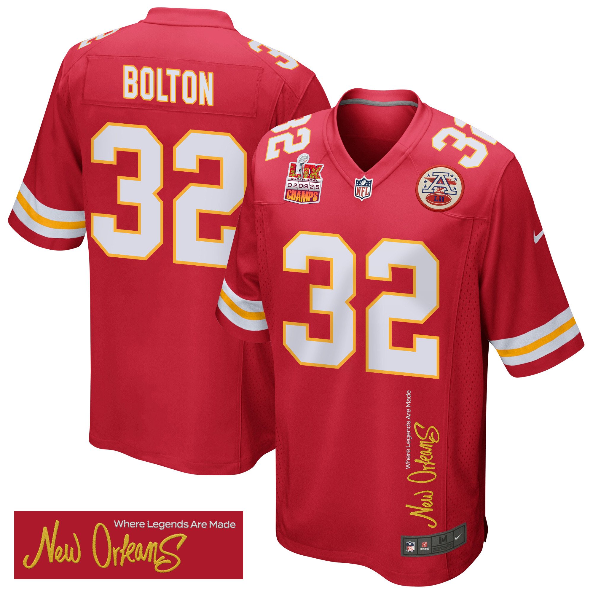 Nick Bolton 32 Kansas City Chiefs Super Bowl Lix Champions Patch 'new Orleans - Where Legends Are Made' Embroidered Game Men Jersey - Red Js2206