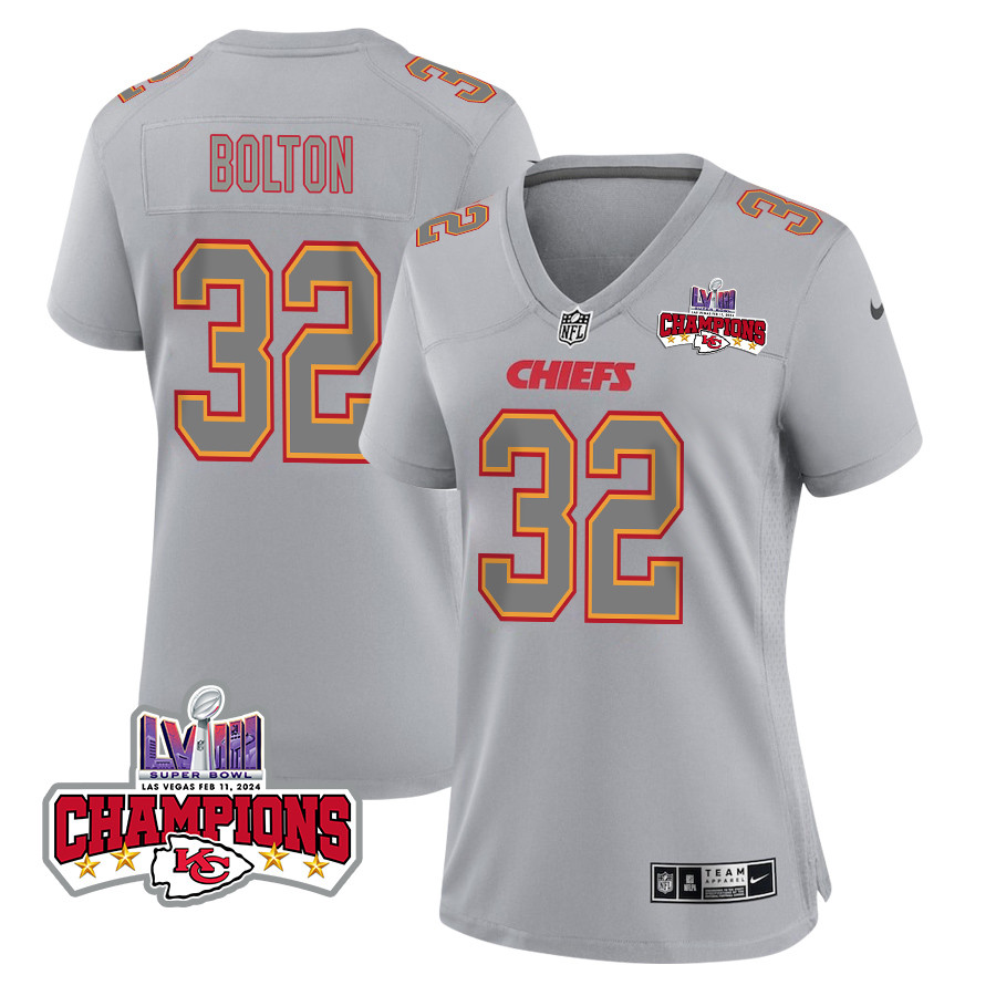 Nick Bolton 32 Kansas City Chiefs Super Bowl Lviii Champions 4 Stars Patch Atmosphere Fashion Game Women Jersey - Gray Js7129