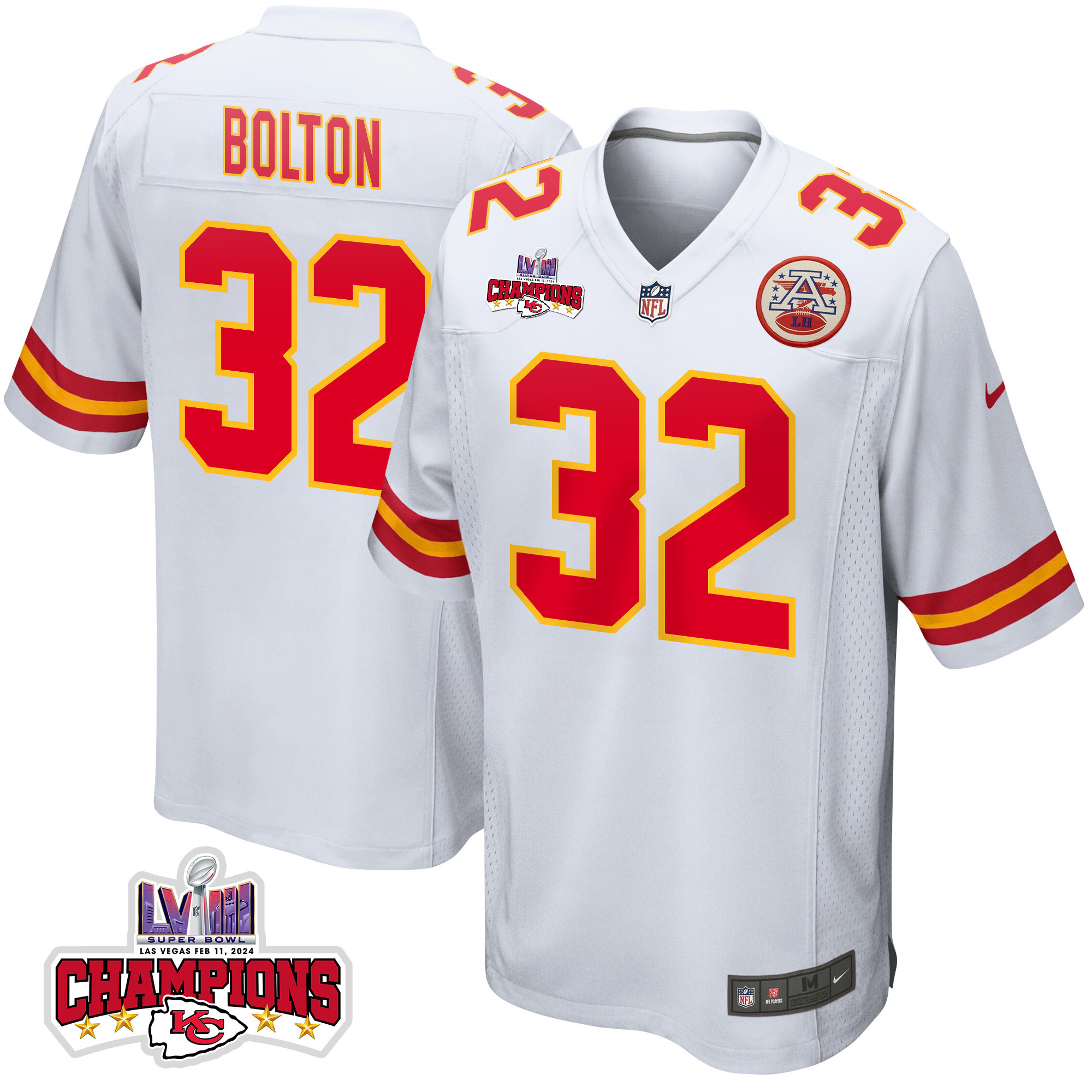 Nick Bolton 32 Kansas City Chiefs Super Bowl Lviii Champions 4 Stars Patch Game Men Jersey - White Js9034