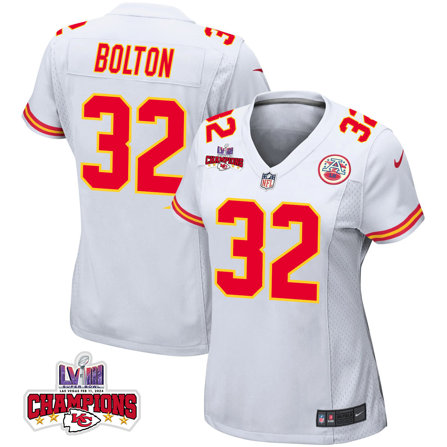Nick Bolton 32 Kansas City Chiefs Super Bowl Lviii Champions 4 Stars Patch Game Women Jersey - White Js5189