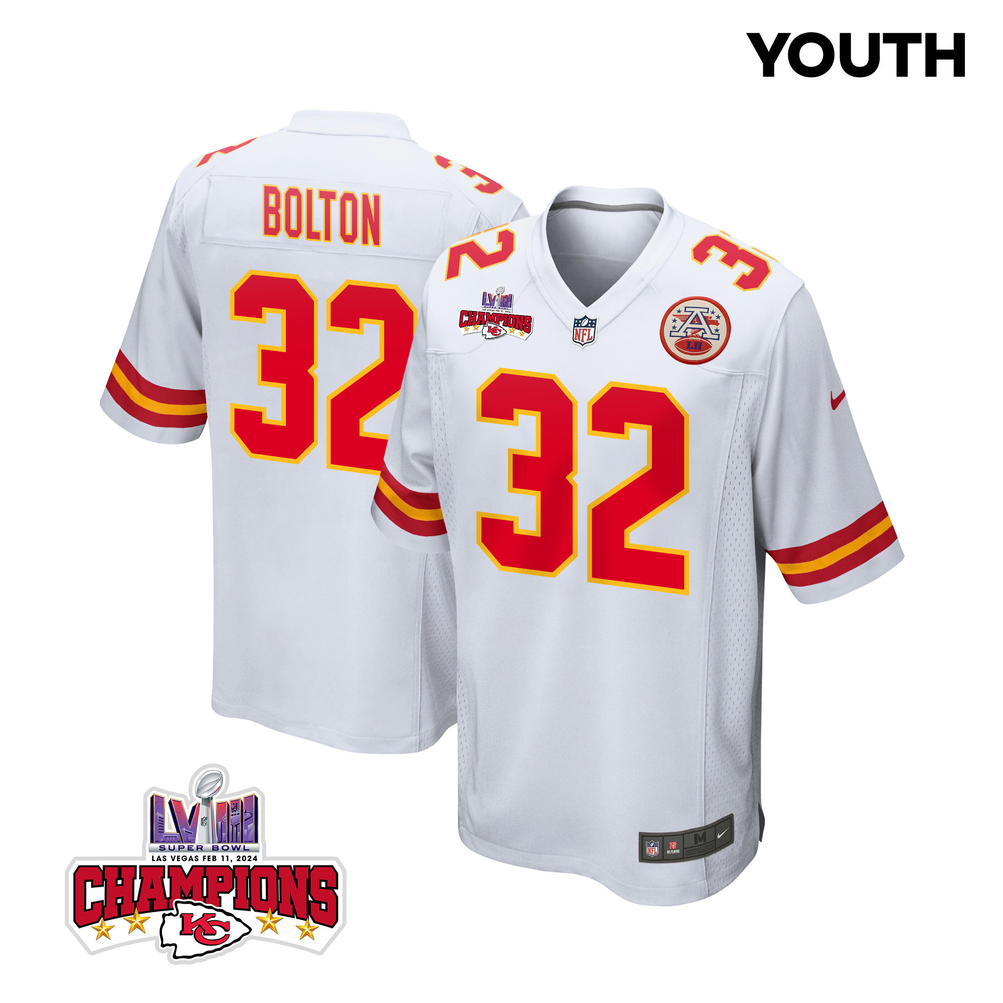 Nick Bolton 32 Kansas City Chiefs Super Bowl Lviii Champions 4 Stars Patch Game Youth Jersey - White Js2445