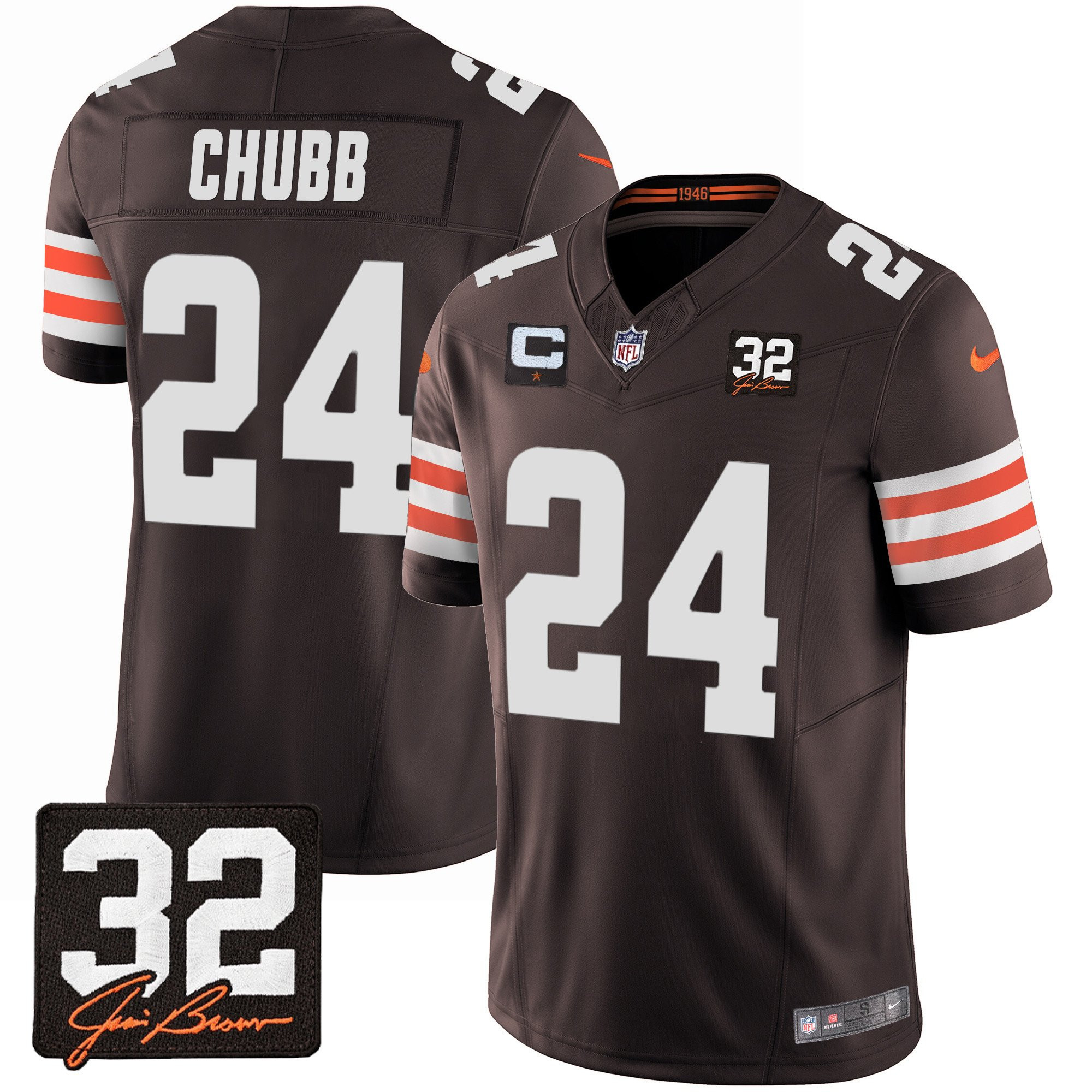 Nick Chubb 24 Cleveland Browns Jim Brown Memorial Patch Game Men Jersey - Brown Js4198