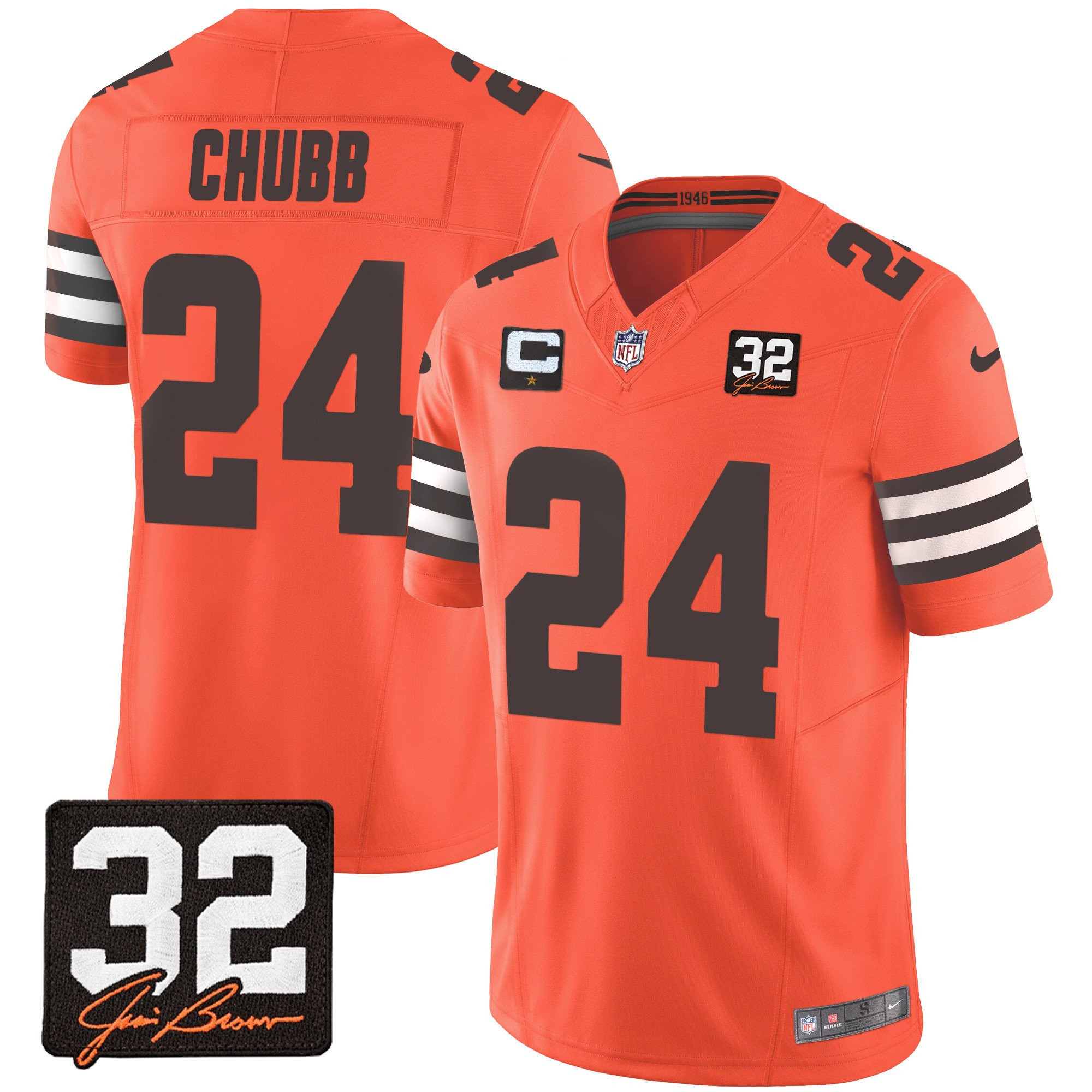 Nick Chubb 24 Cleveland Browns Jim Brown Memorial Patch Game Men Jersey - Orange Js1540