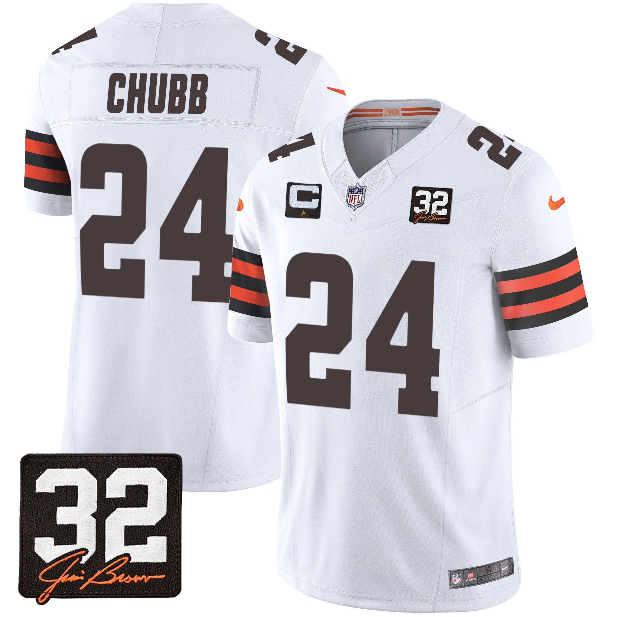 Nick Chubb 24 Cleveland Browns Jim Brown Memorial Patch Game Men Jersey - White Js7502