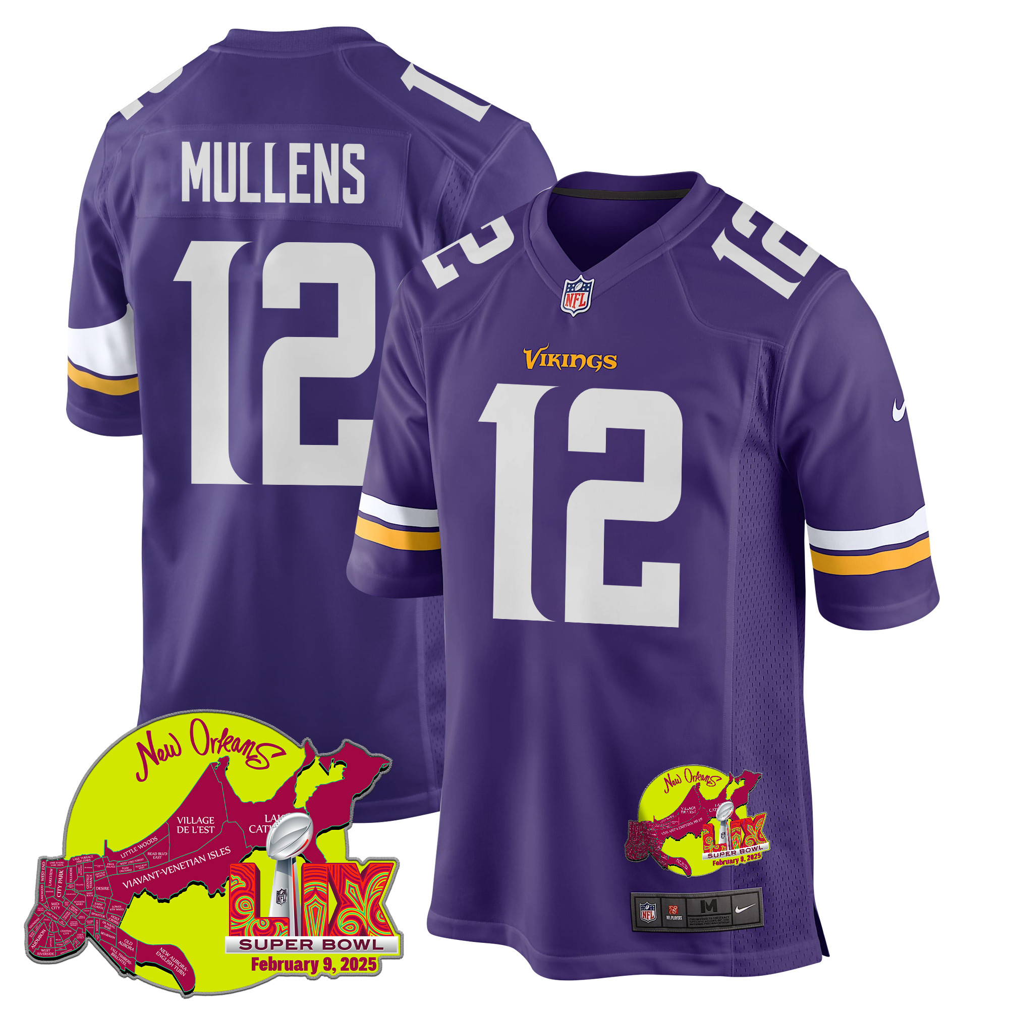 Nick Mullens 12 Minnesota Vikings Super Bowl Lix New Orleans Patch Game Men Jersey - Purple Js3086