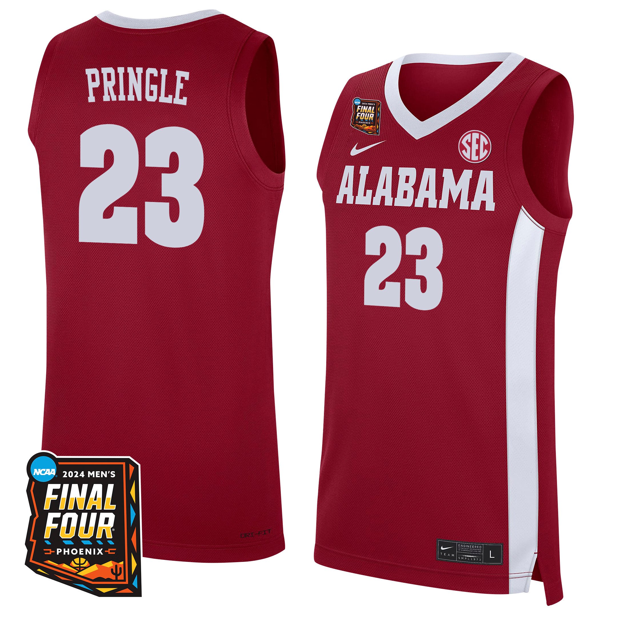 Nick Pringle Alabama Crimson Tide 2024 Men's Final Four Patch Basketball Jersey - Red/white