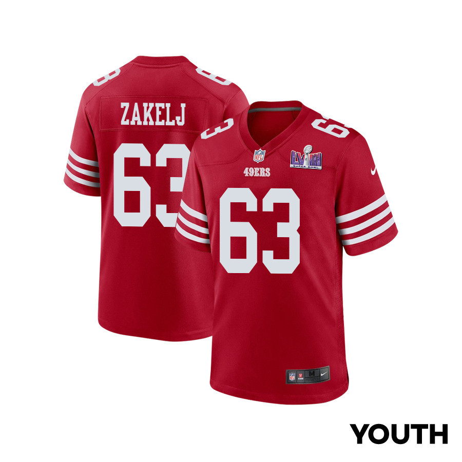 Nick Zakelj 63 San Francisco 49ers Super Bowl Lviii Patch Game Youth Jersey - Scarlet Js4512