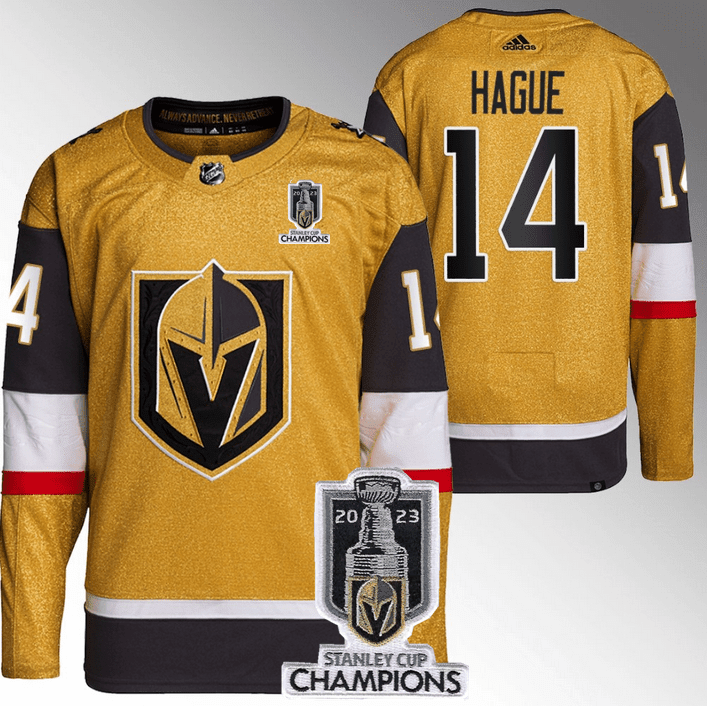 Nicolas Hague 14 Vegas Golden Knights 2023 Stanley Cup Champions Patch Breakaway Home Jersey - Gold