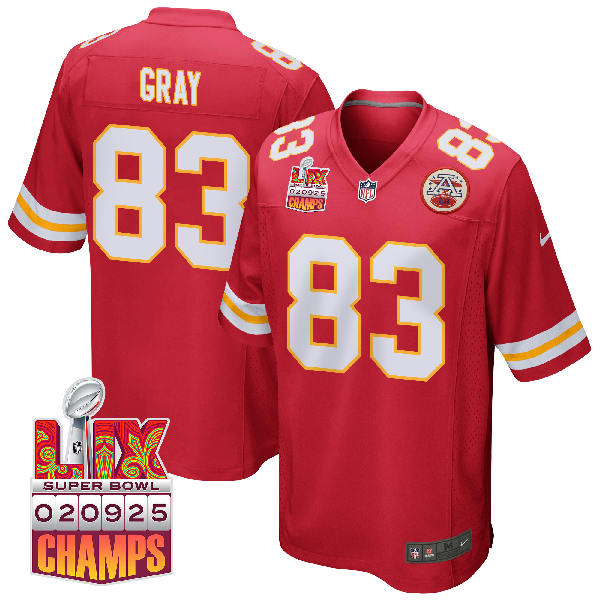 Noah Gray 83 Kansas City Chiefs Super Bowl Lix Champions Patch Game Men Jersey - Red Js3122