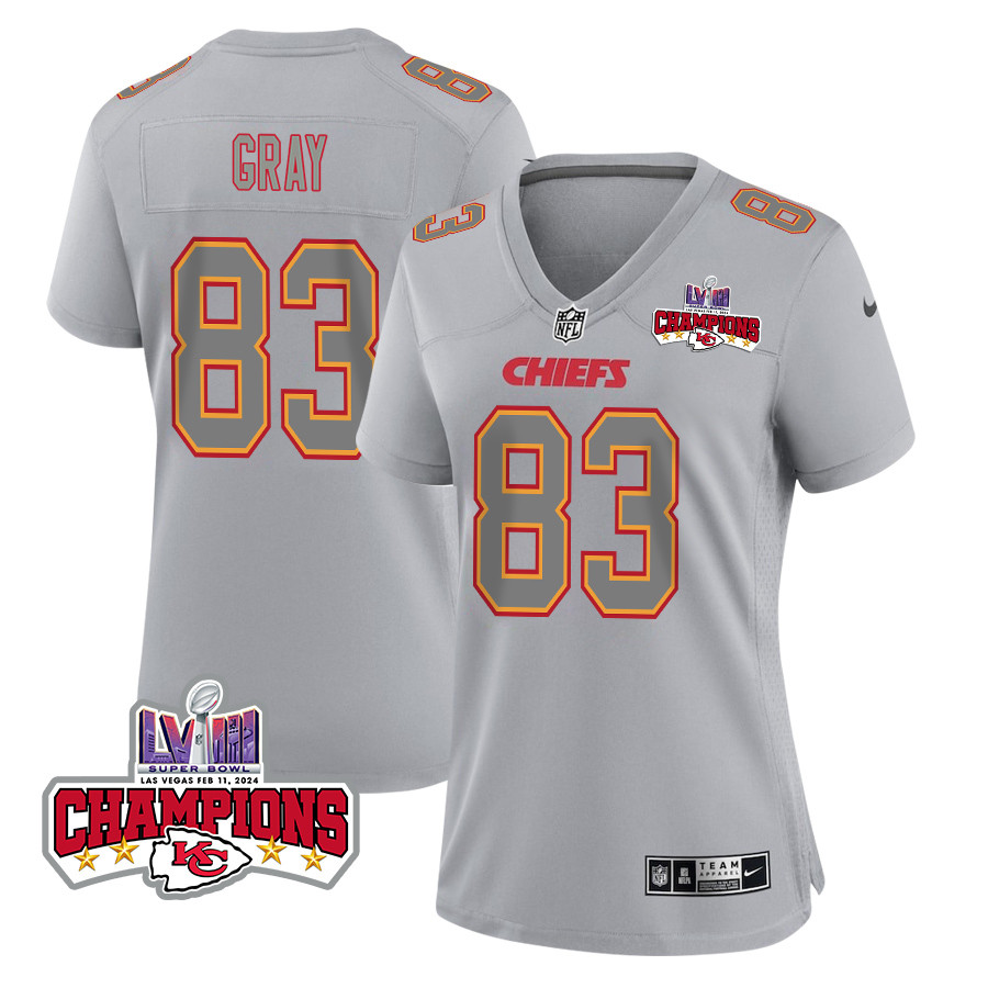 Noah Gray 83 Kansas City Chiefs Super Bowl Lviii Champions 4 Stars Patch Atmosphere Fashion Game Women Jersey - Gray Js7025