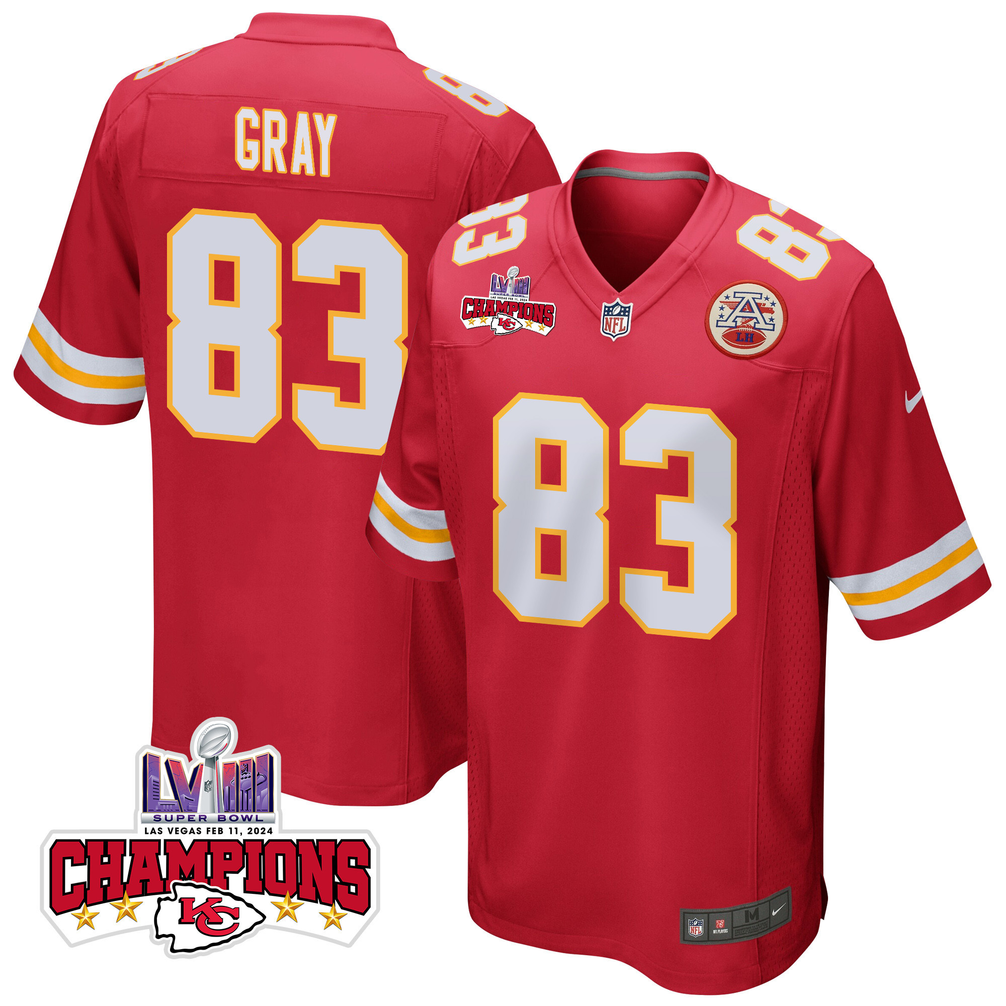 Noah Gray 83 Kansas City Chiefs Super Bowl Lviii Champions 4 Stars Patch Game Men Jersey - Red Js9149