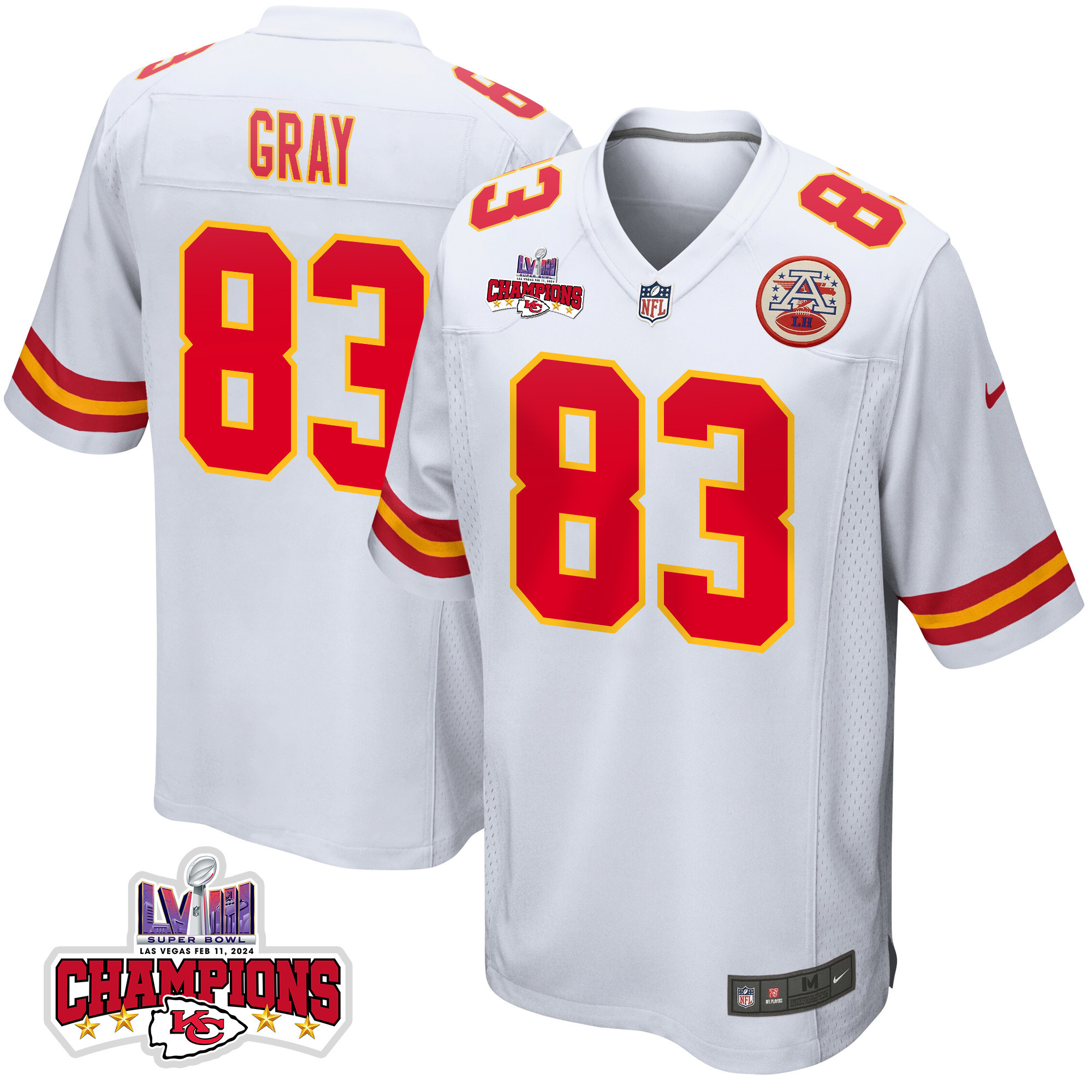 Noah Gray 83 Kansas City Chiefs Super Bowl Lviii Champions 4 Stars Patch Game Men Jersey - White Js1936