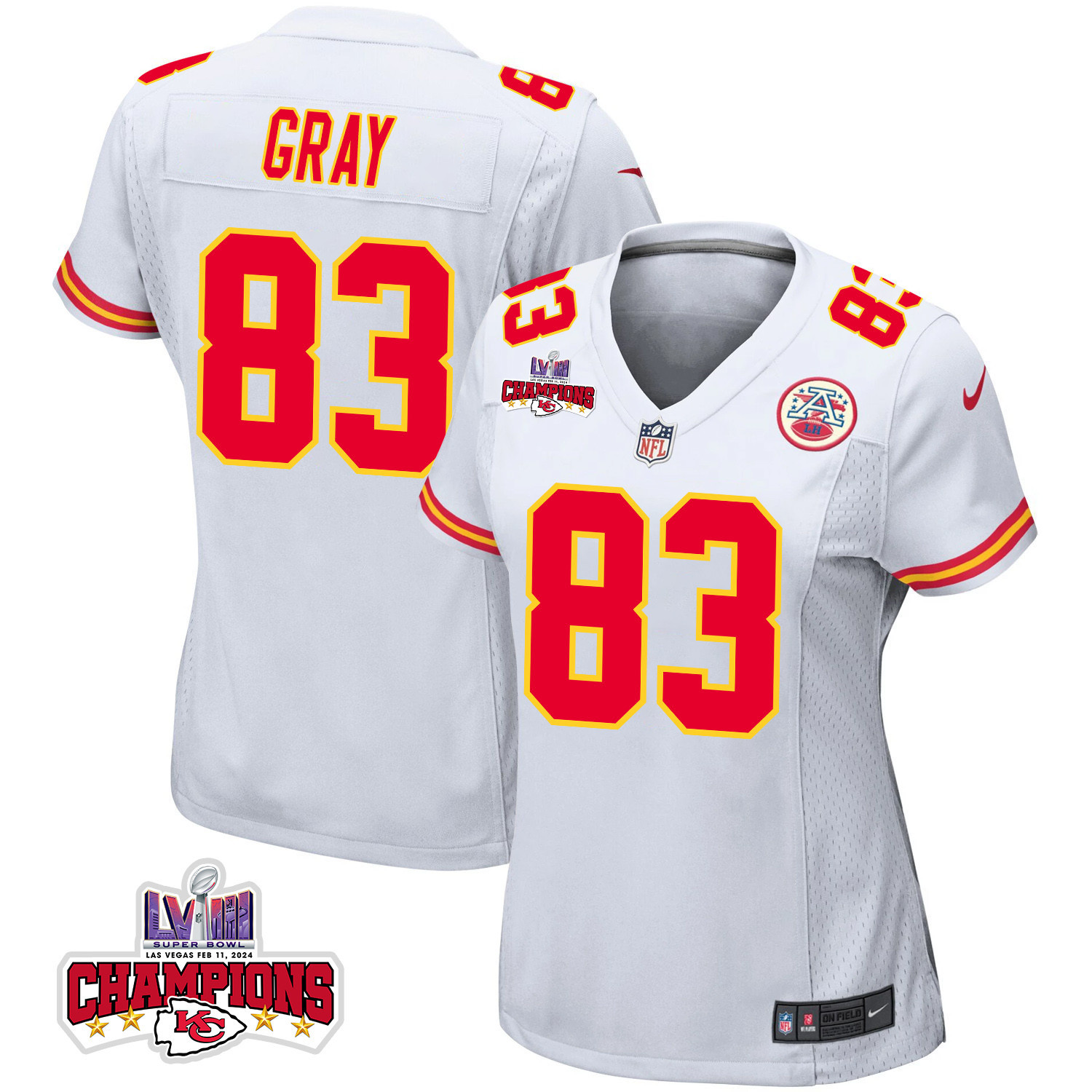 Noah Gray 83 Kansas City Chiefs Super Bowl Lviii Champions 4 Stars Patch Game Women Jersey - White Js2792