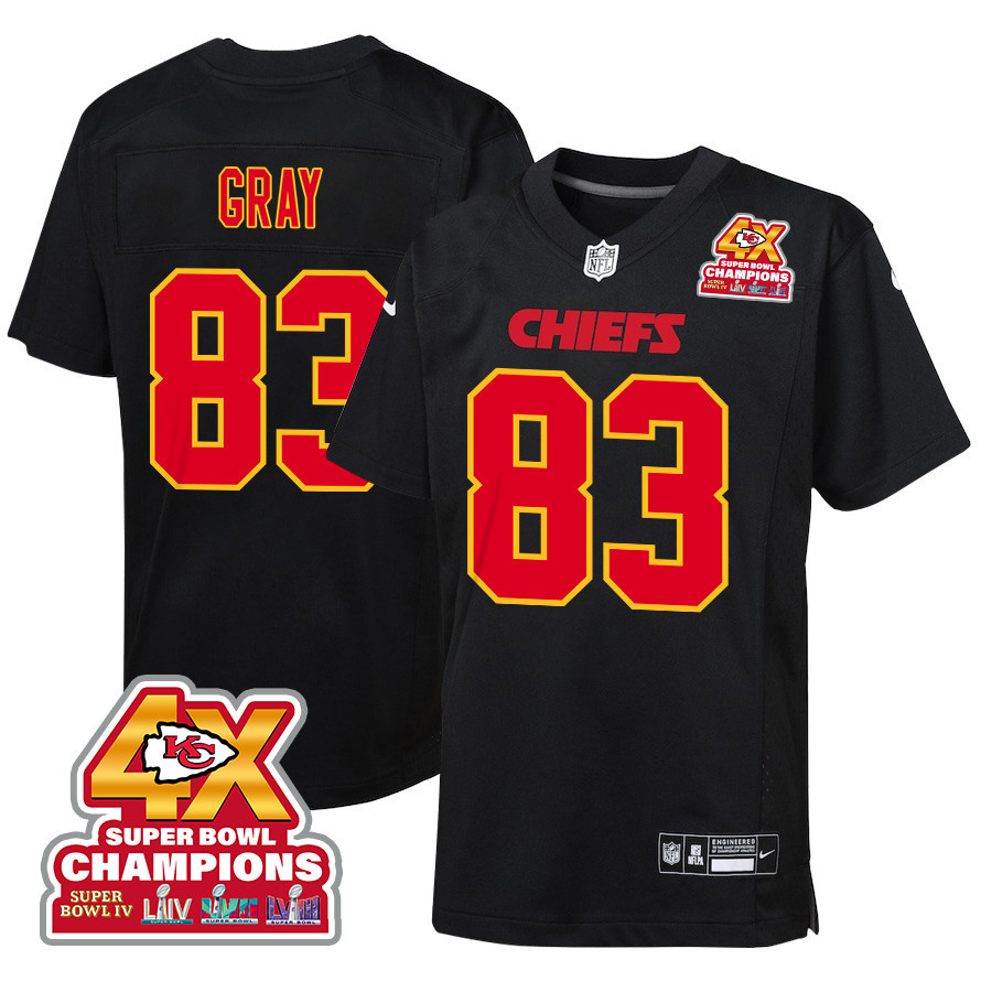 Noah Gray 83 Kansas City Chiefs Super Bowl Lviii Champions 4x Fashion Game Youth Jersey - Carbon Black Js8954