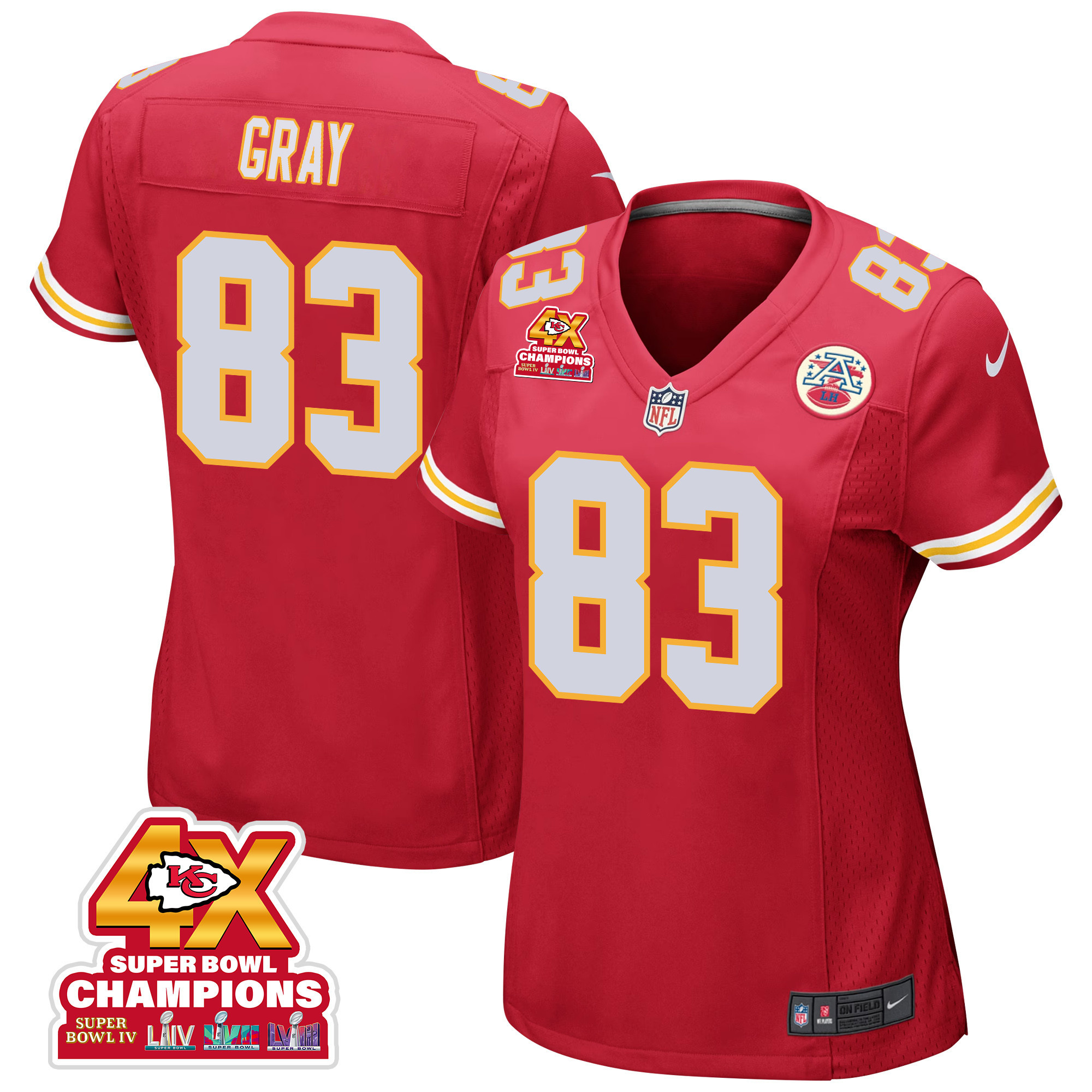 Noah Gray 83 Kansas City Chiefs Super Bowl Lviii Champions 4x Game Women Jersey - Red Js4293